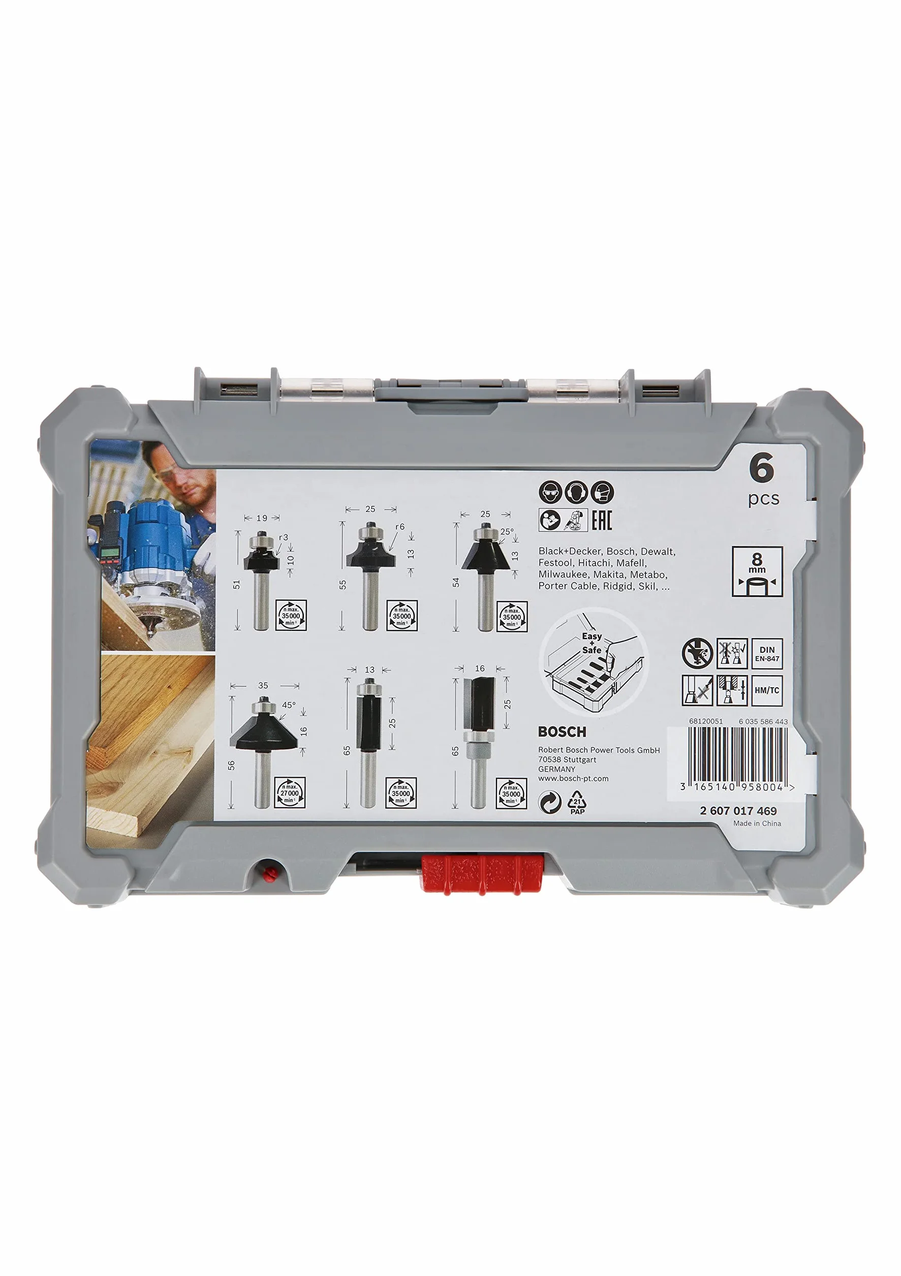 Bosch 6x Set frese per profilare, smussare e scanalare PRO, 6 pz (per Legno tenero, Legno duro, Ø 19, 25, 25, 35, 13, 16 mm, Professional Accessorio Fresatrice portatile, Rifilatore)