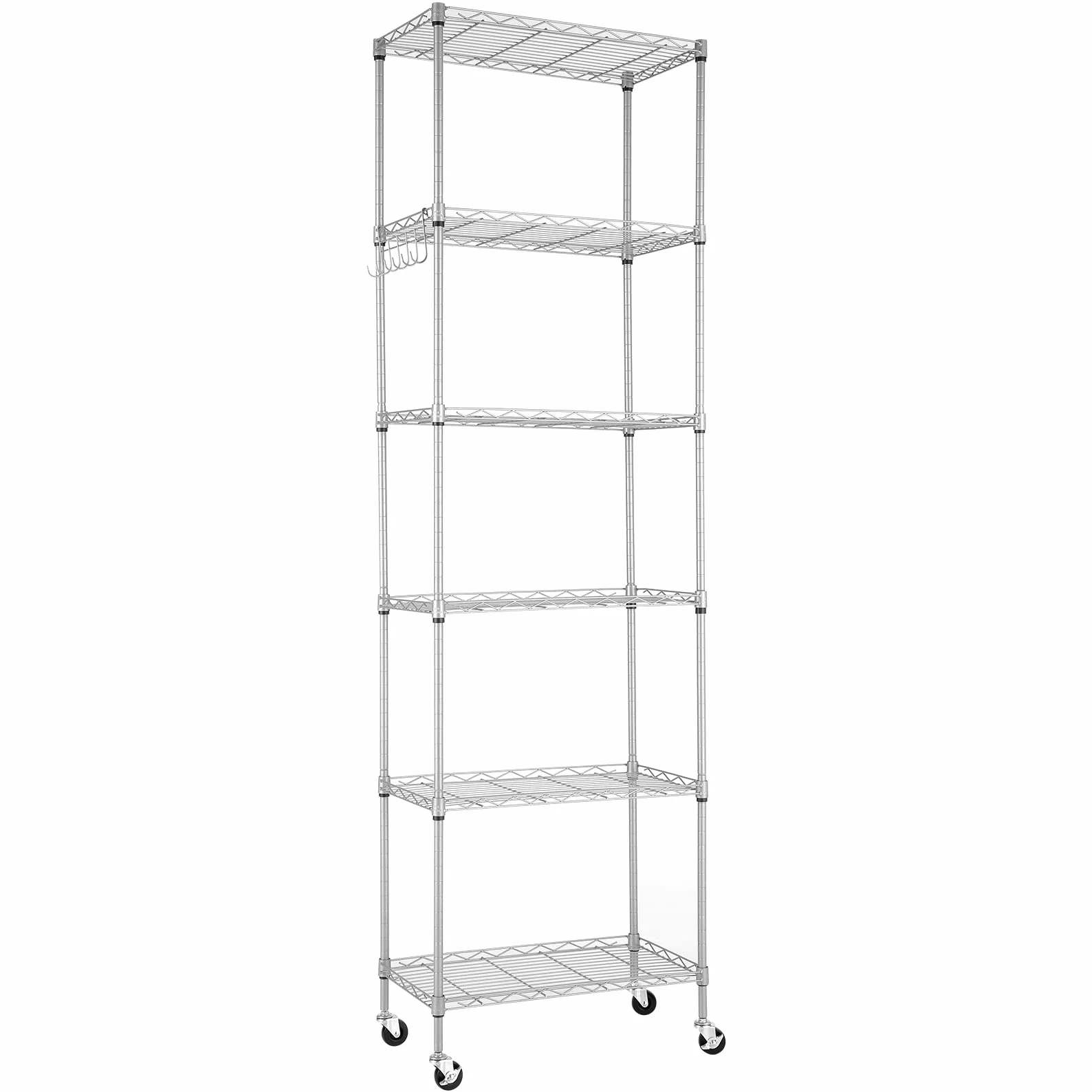 Himimi Scaffale in Filo Metallico a 6 Livelli con Ruote, Regolabile in Altezza, Scaffale in Piedi Resistente con Gancio per Bagno Cucina Garage Camera da Letto Argento