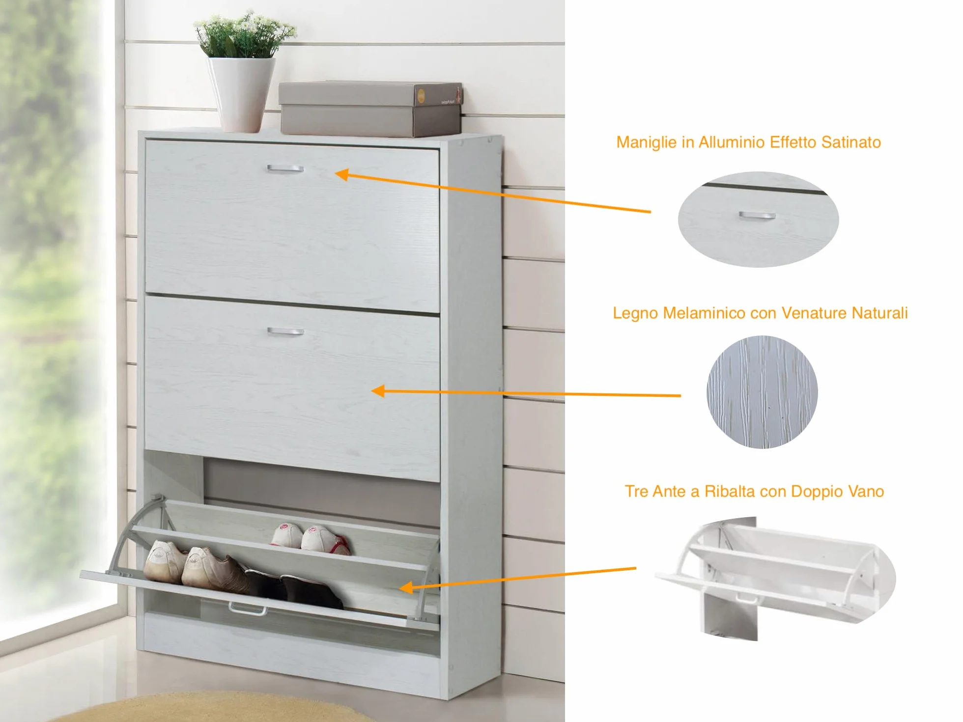 eacommerce Scarpiera in Legno Mobiletto Scaffale Organizer Scarpe Doppio Scomparto Slim (4 Ante - 63x24x150H cm, Bianco Nordico)