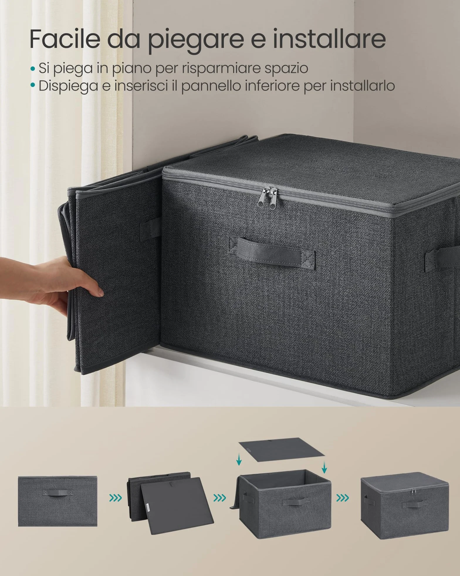 SONGMICS Scatole Portaoggetti con Coperchio Pieghevoli Set di 3 40x30x25 cm Tessuto non Tessuto Grigio Ardesia