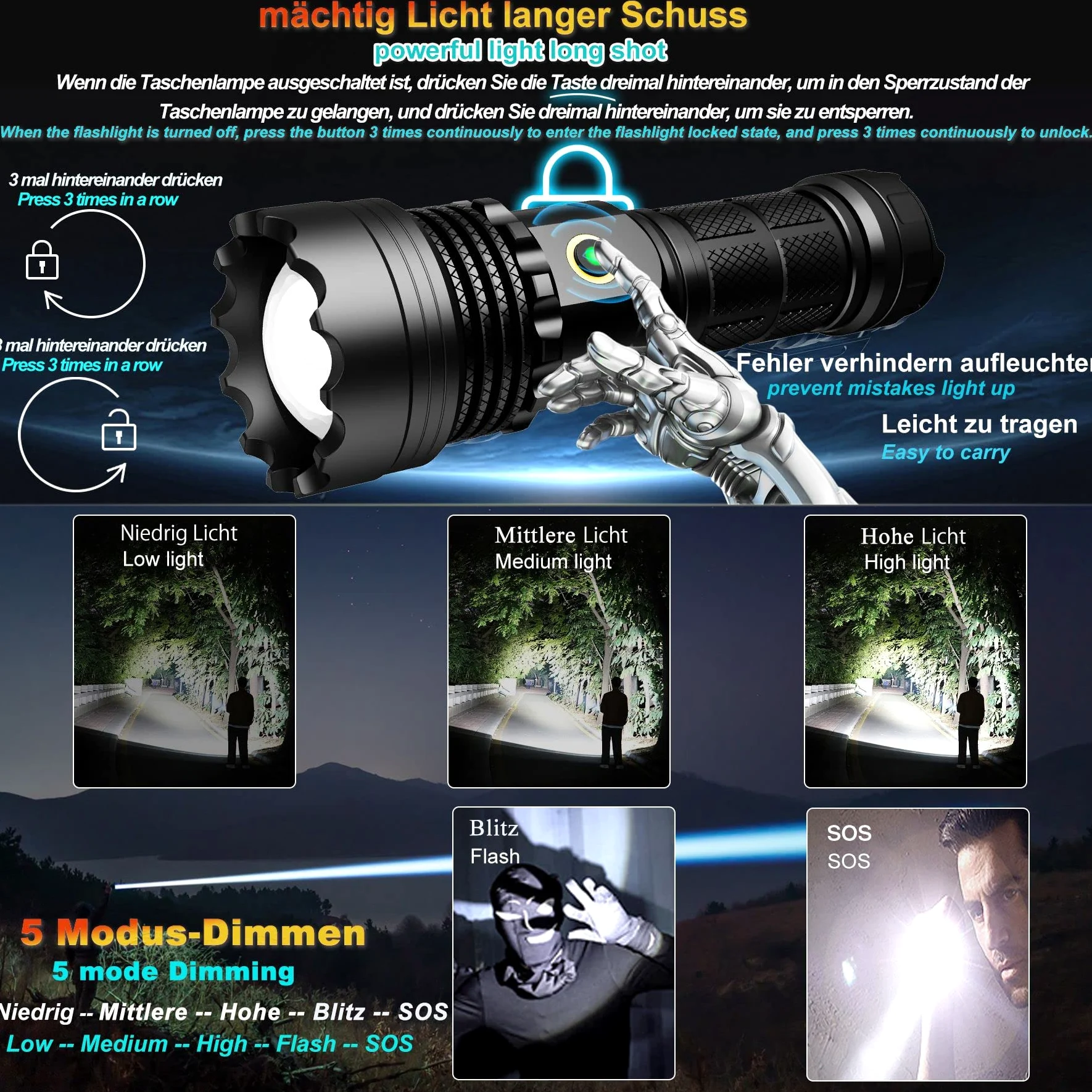 ASORT 【3km di raggio estremo】 torcia led potente professionale 30000 lumen, ricaricabile torcia, IPX67 impermeabile, 5 modalità di luce per campeggio, escursionismo, emergenze (1 * 26650 batteria)