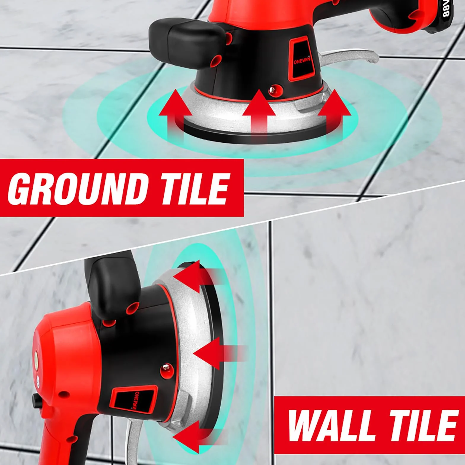 ONEVAN vibratore per piastrelle 200 kg, vibratore elettrico per piastrelle, 145 mm ventosa vibrante per piastrelle a 6 velocità con 2 batterie da 1.5Ah, macchina vibrante per piastrelle 150 x 150 cm