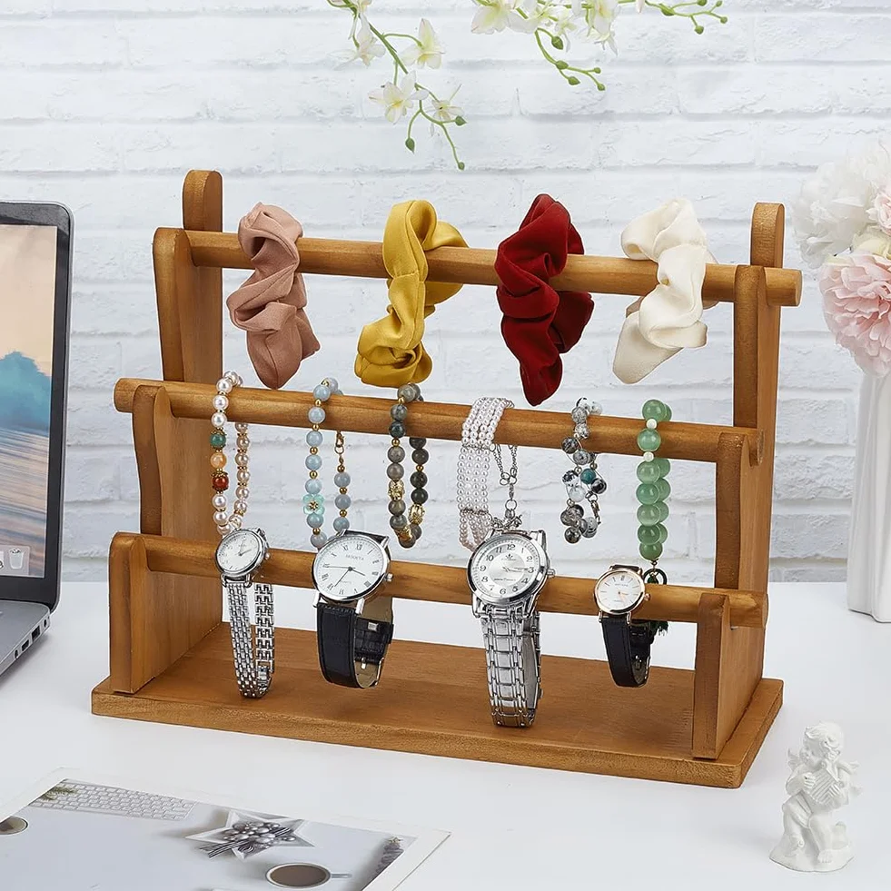 FINGERINSPIRE 3 Livelli Porta Braccialetti in Legno Peruviano Espositore per Braccialetti