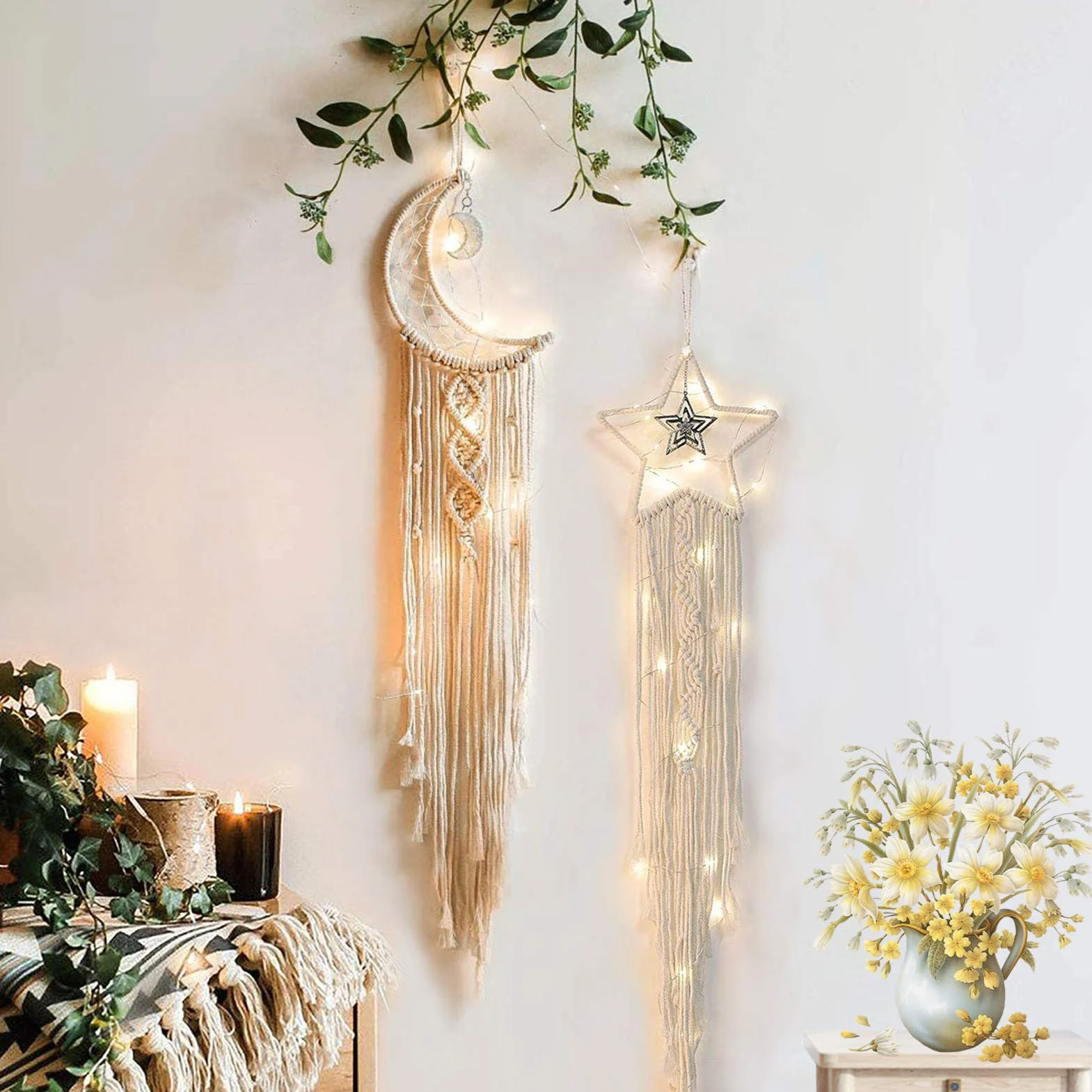 Tarklanda Acchiappasogni Macrame con LED String Light Boho Decorazioni Fatti a Mano Dreamcatcher Parete Luna Stella Regalo Camera Letto Ragazza