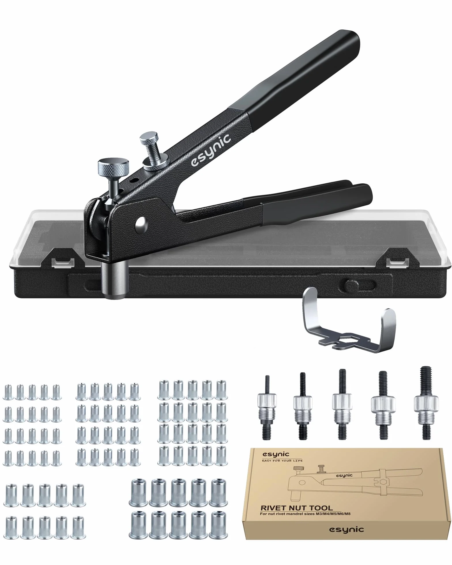 ESYNiC Kit Rivettatrice per Inserti Filettati con 86pz Dadi per Rivetti M3 M4 M5 M6 M8 Pinza Pistola Manuale a Rivetti Professionale per Riparazione Auto Rimorchi Mobili - Nero
