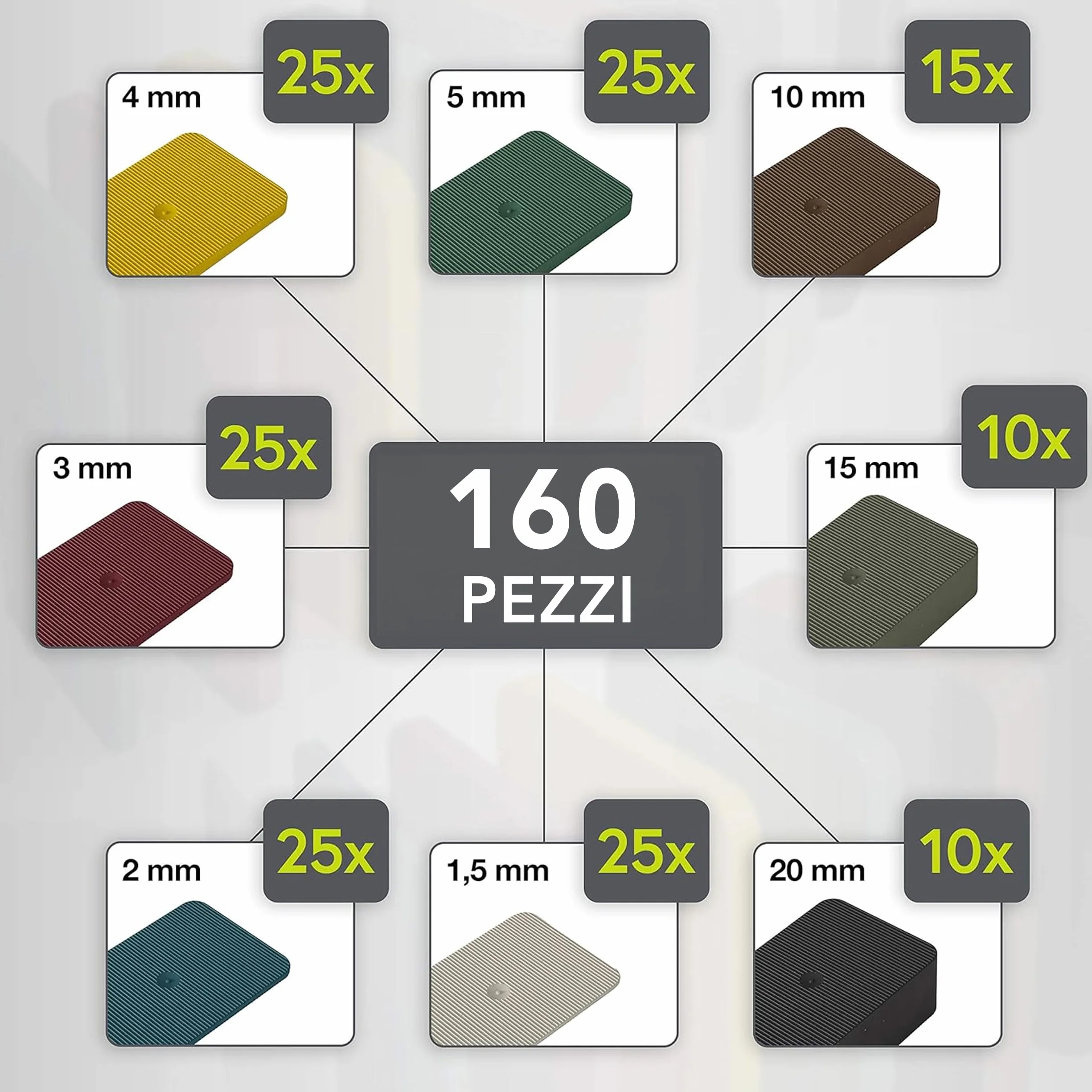 Premium spessori in plastica | 40 x 60mm, 80 pezzi fino a 5 t | Prodotto in Germania | squadrette angolari, distanziatori per piastrelle, distanziali| set: 1,5, 2, 3, 4, 5, 10, 15, 20 mm