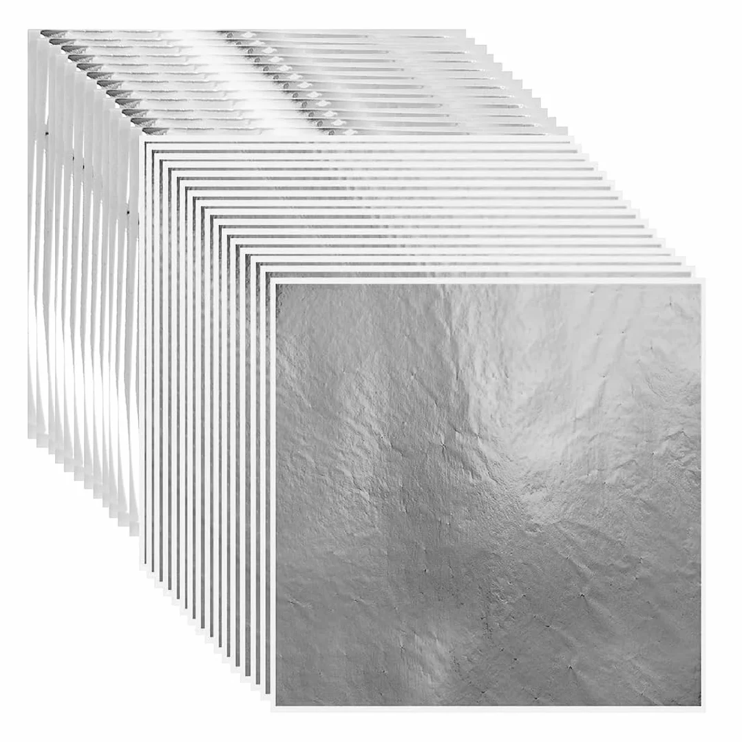 foglifoglia d'Argento, 100Pcs, Foglio imitazione14x14cm per la Decorazione Artigianale di progetti artistici, doratura, creazione Fai-da-Te (Argento)