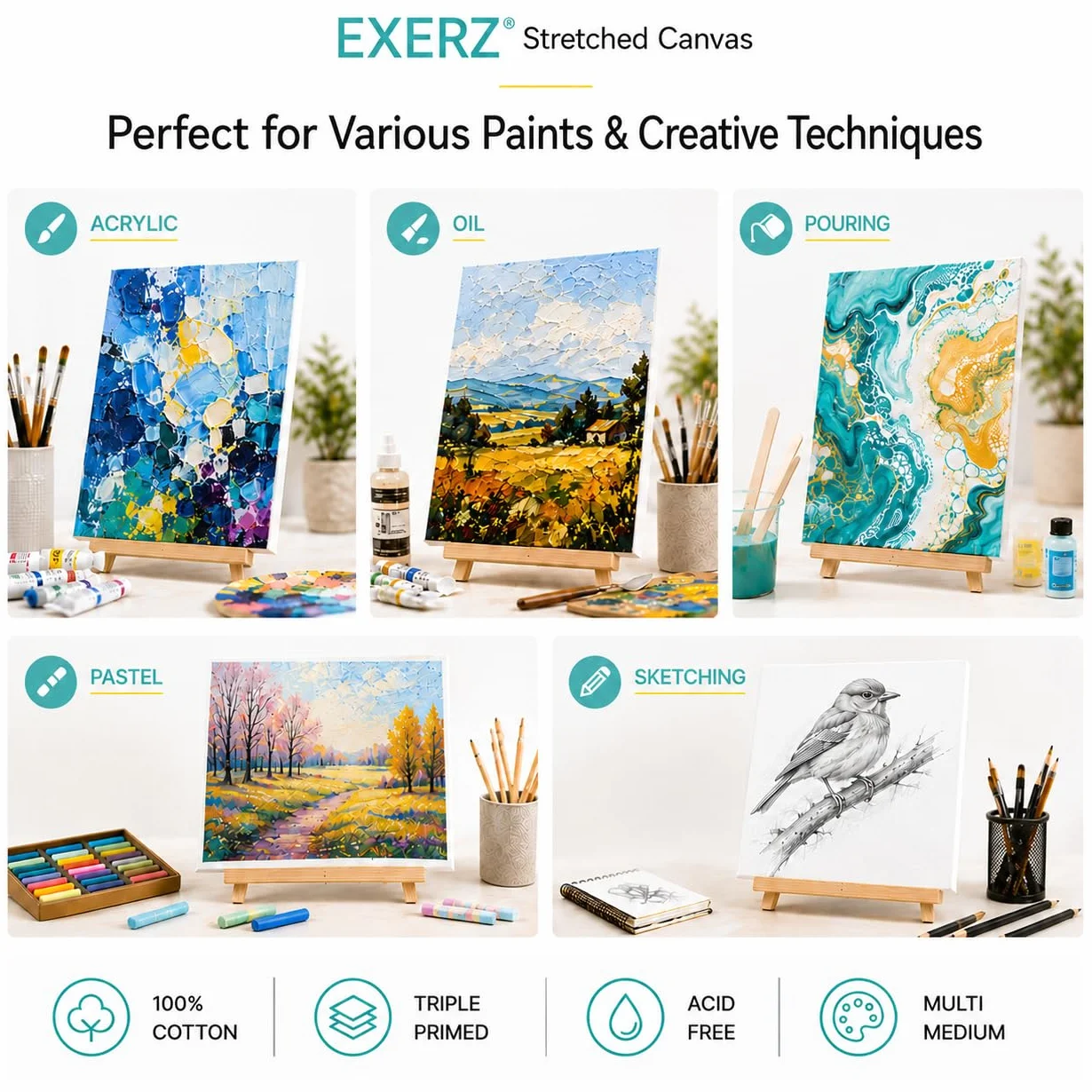 EXERZ 30x40cm Tele Intelaiate 5pz per Pittura per Artisti/Spessore 1.7cm 280GSM/ Tele Prestirate 100% Cotone/Prive di acidi/Bianca/Grana media - Per Dipingere, ad Acrilici, Pittura ad Olio