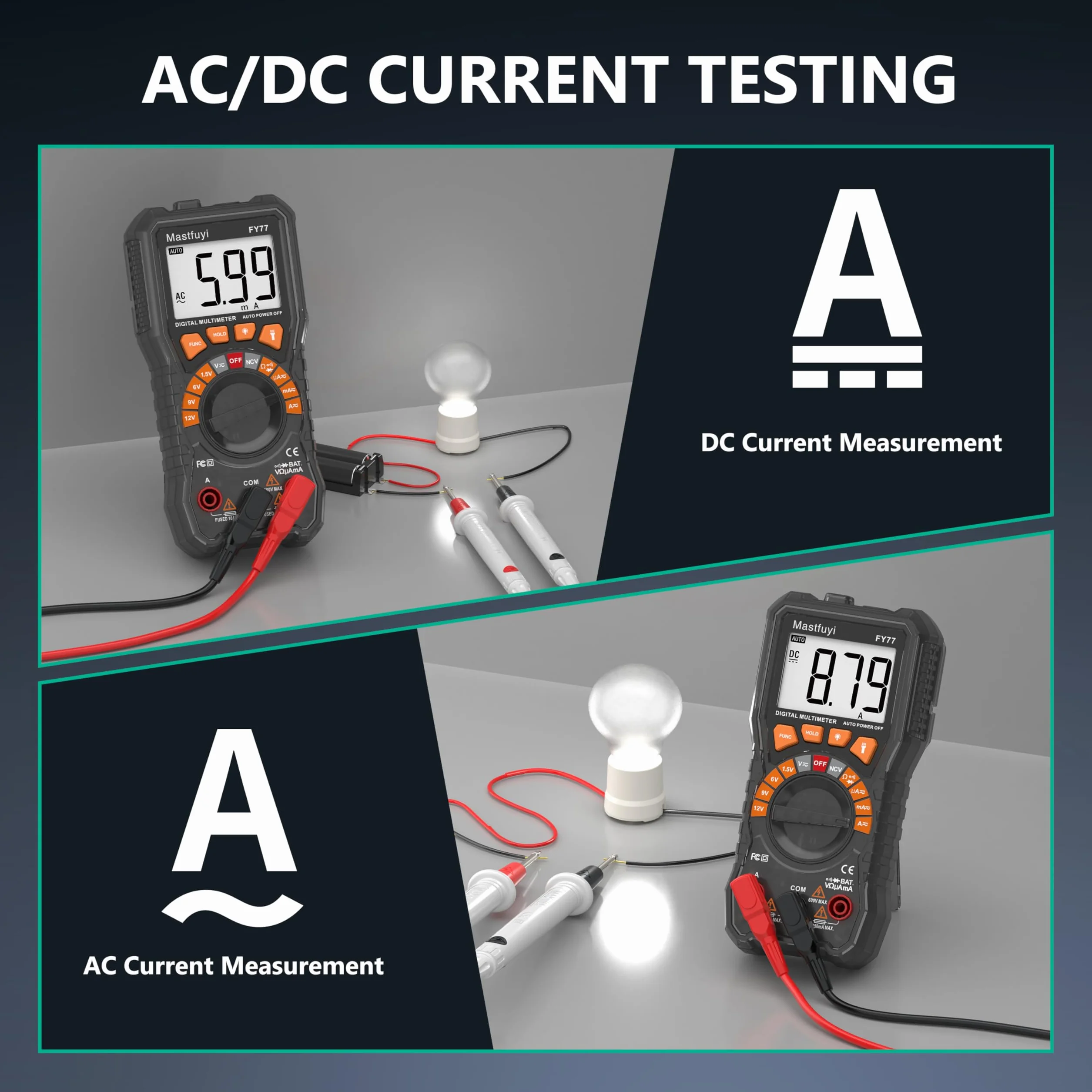 Multimetro Digitale, Tester multiplo con NCV, Test di Gamma Automatico, Tester per Batterie, Conta il Vero RMS 2000, Corrente AC/DC, Tensione AC/DC, Continuità, Resistenza, Diodo