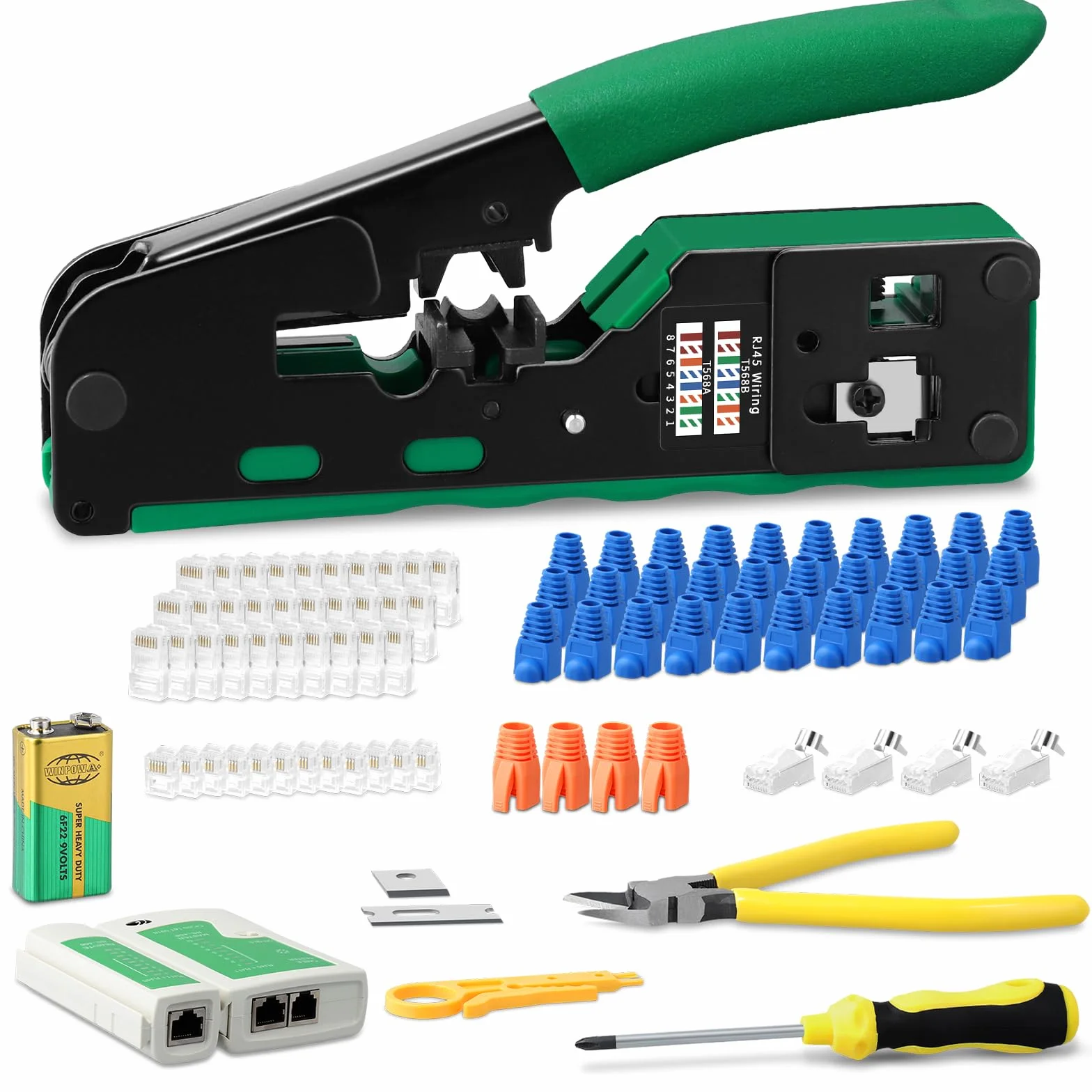 Kit di strumenti di rete RJ45 con 4x Cat7/6a, 30x CAT.5/5e/6, 10x 6P6C RJ11/RJ12, prese RJ45/RJ11/RJ12, strumento di riparazione e tester di rete
