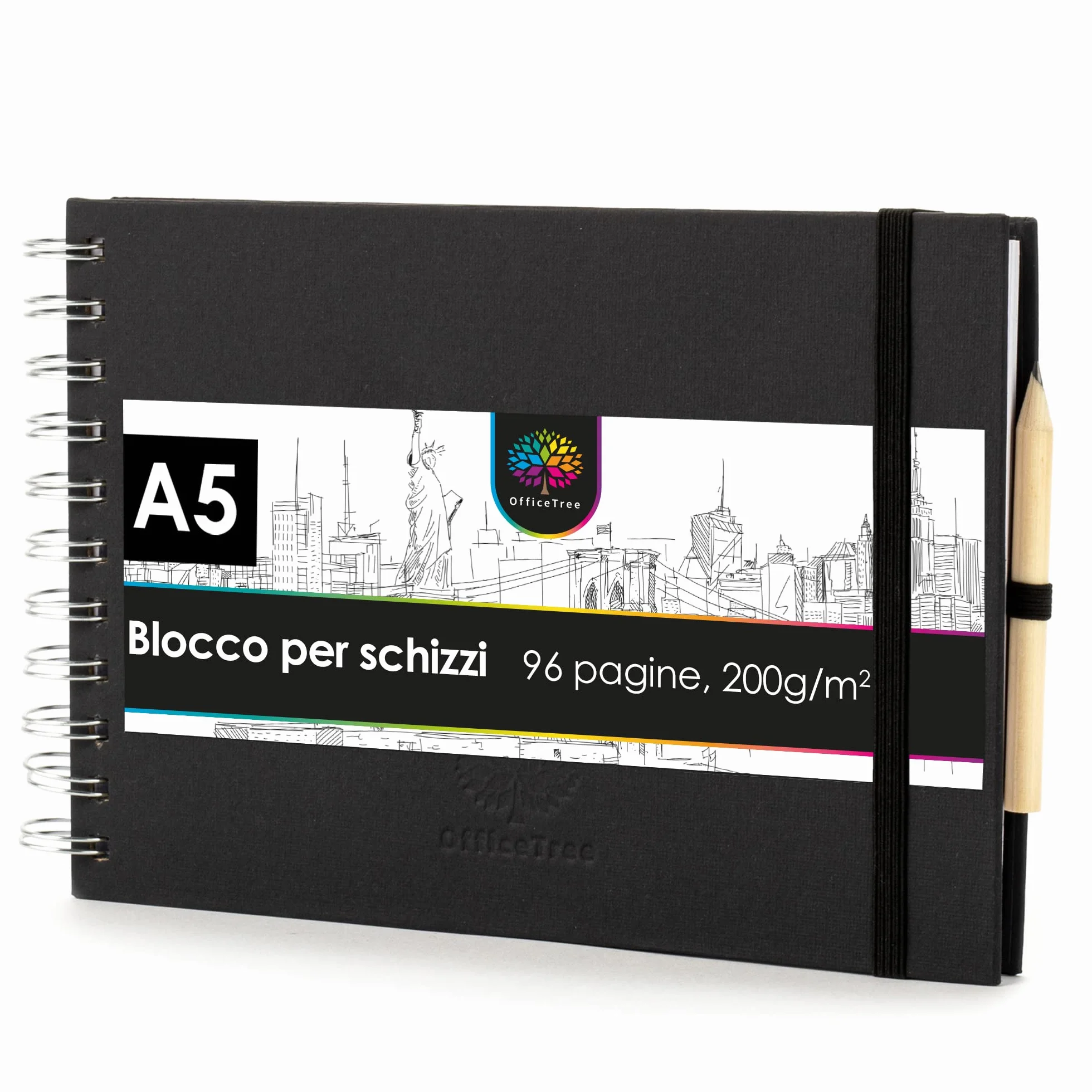 OfficeTree Taccuino per schizzi, formato A5, con rilegatura a spirale, formato orizzontale, 96 pagine, 48 fogli, formato A4, 200 g, carta bianca vergine, libretto di schizzi acquerello, matita inclusa