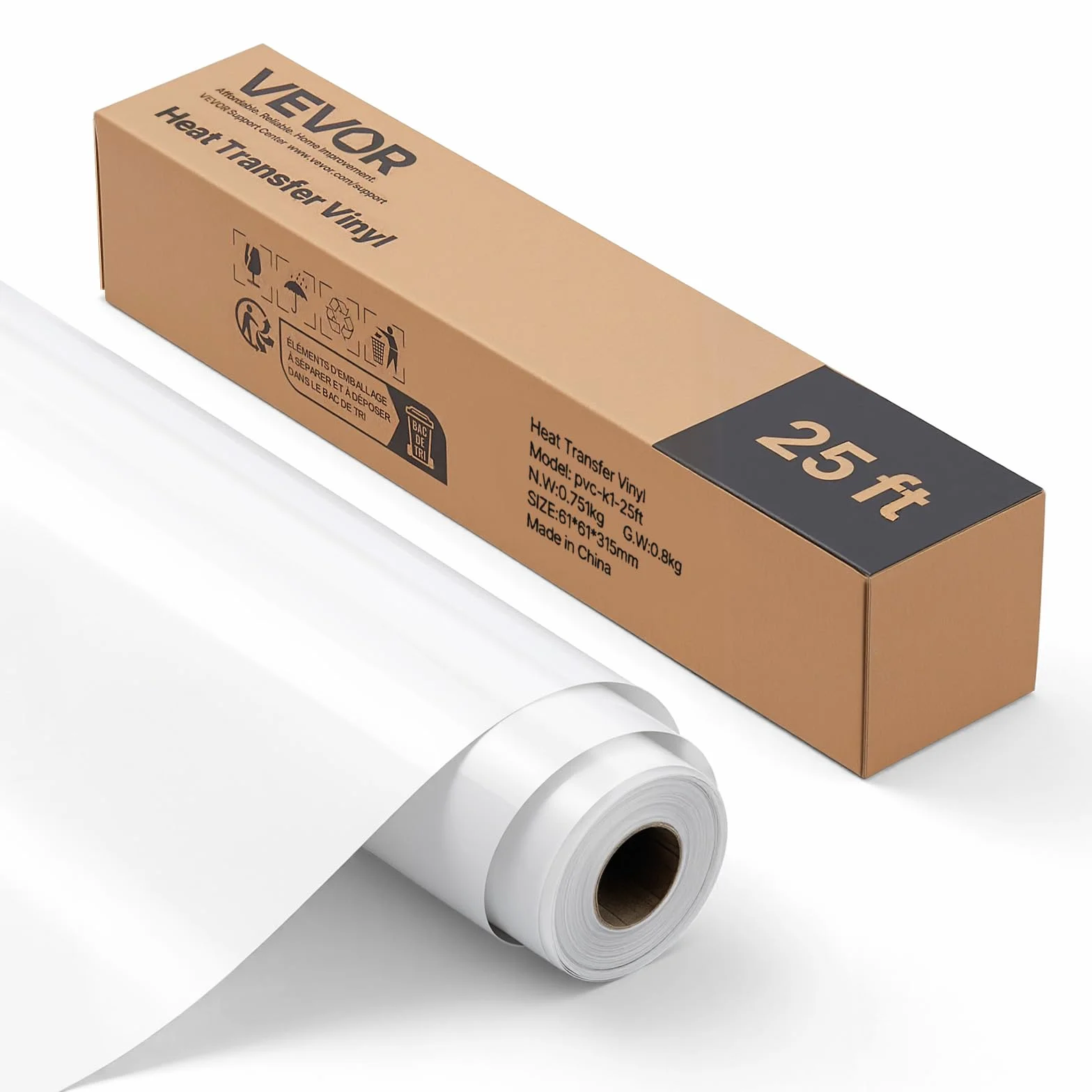 VEVOR Rotolo Vinile Termoadesivo per Tessuti 304,8 x 7260 mm, Pellicola per Plotter in Vinile a Trasferimento Termico per Macchine da Taglio, per Magliette Cuscini Cappelli, Bianco