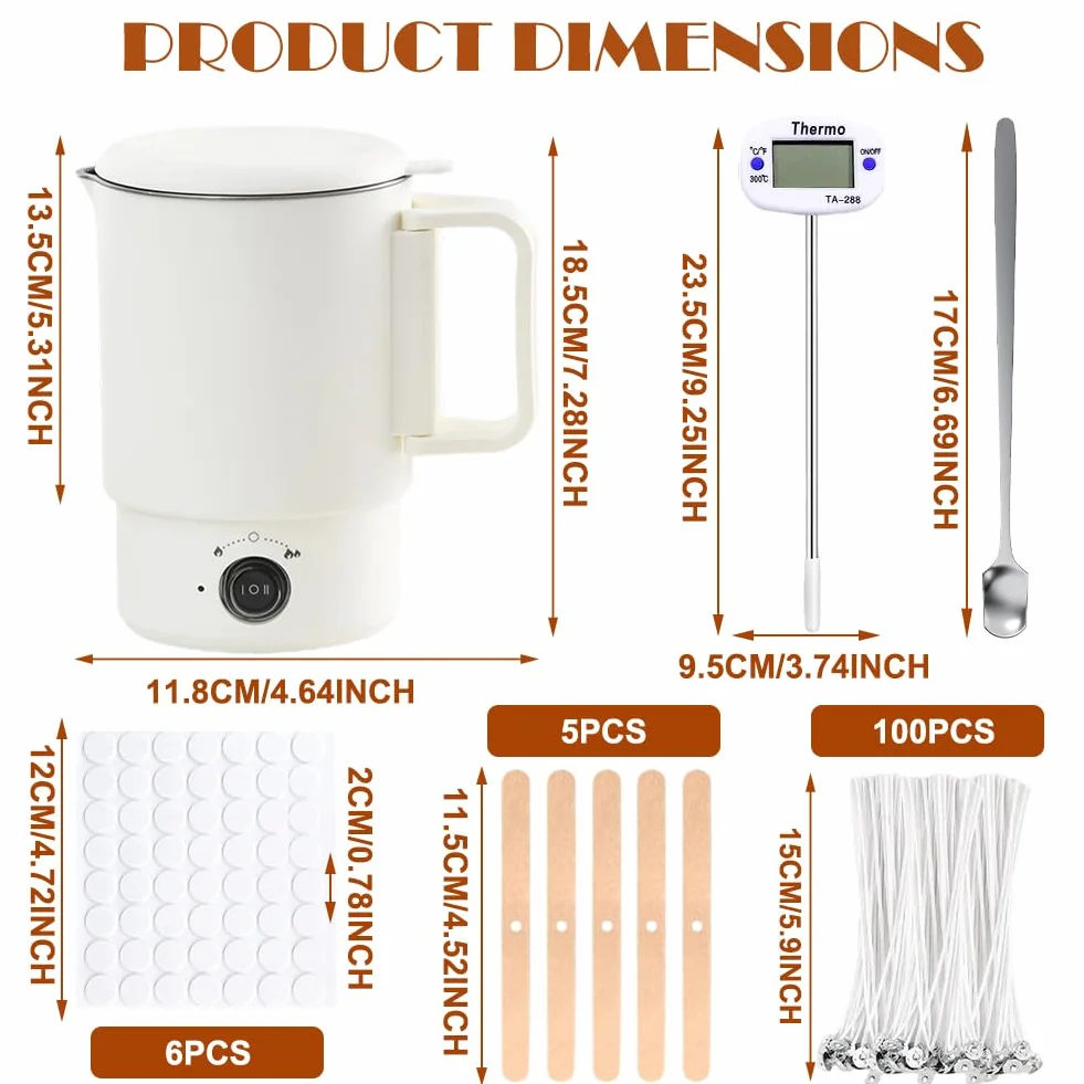 Set elettrico per la produzione di candele, pentola scioglicera, set fai da te per fare le candele con pentola da 800 ml, cera per candele, termometro, stoppini per candele, supporto per stoppini