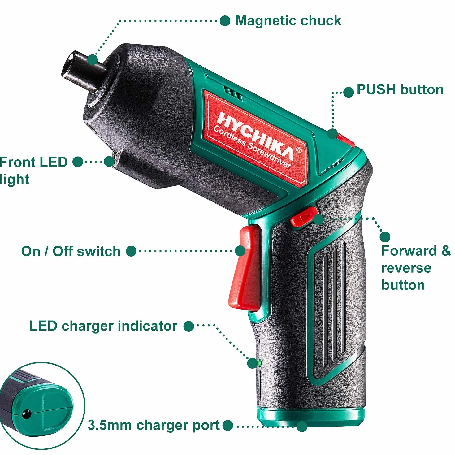 HYCHIKA Avvitatore Elettrico 6N.m, Cacciavite Elettrico (Par max 6 N.m, 3.6 V, 2.0 Ah) Luce a LED come Chiave a Cricchetto, Cavo di Ricarica USB, 20 PCS Accessori, per DIY, Assemblaggio Mobili