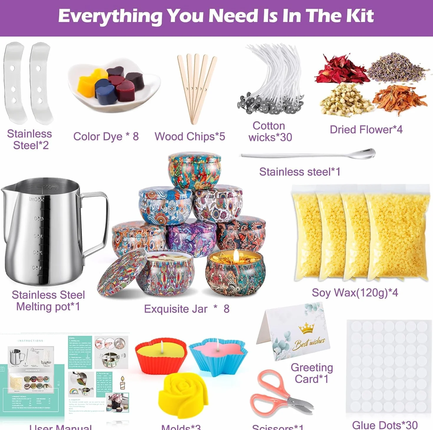 NCKIHRKK Kit per Fabbricazione Candele,Kit per Candele Fai da Te,Kit per Fusione Cera per Principianti DIY Set Regalo con Cera di Soia,8 Candele Barattoli,8 Coloranti,3 Stampo in Silicone,30 Stoppini