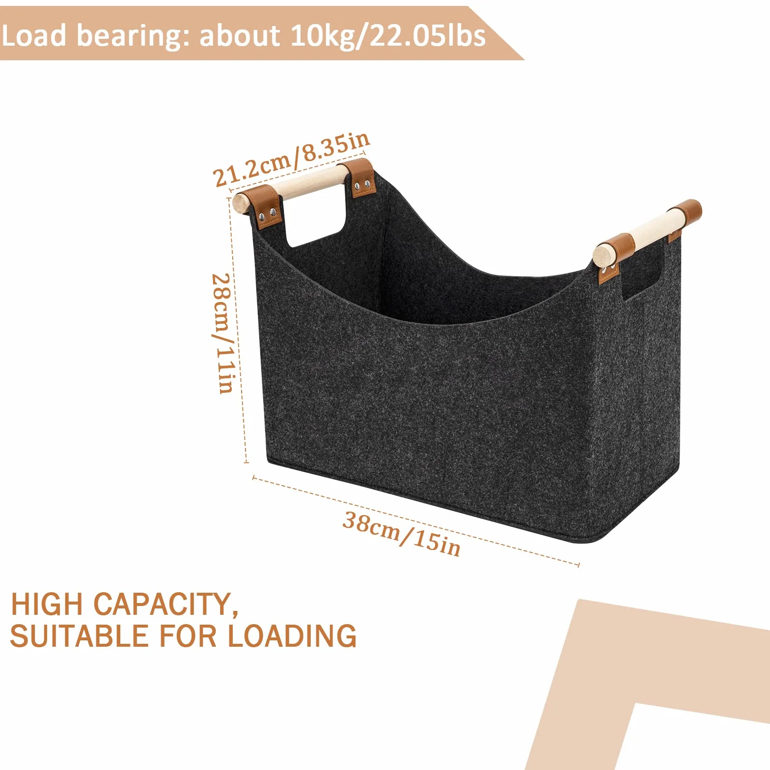 Borsa in Feltro, Borsa per Legna da Ardere Pieghevole Cestino Portaoggetti in Feltro Cesto con Manici per Legna, Giornali, Vestiti, Giocattoli 40 x 22 x 27cm
