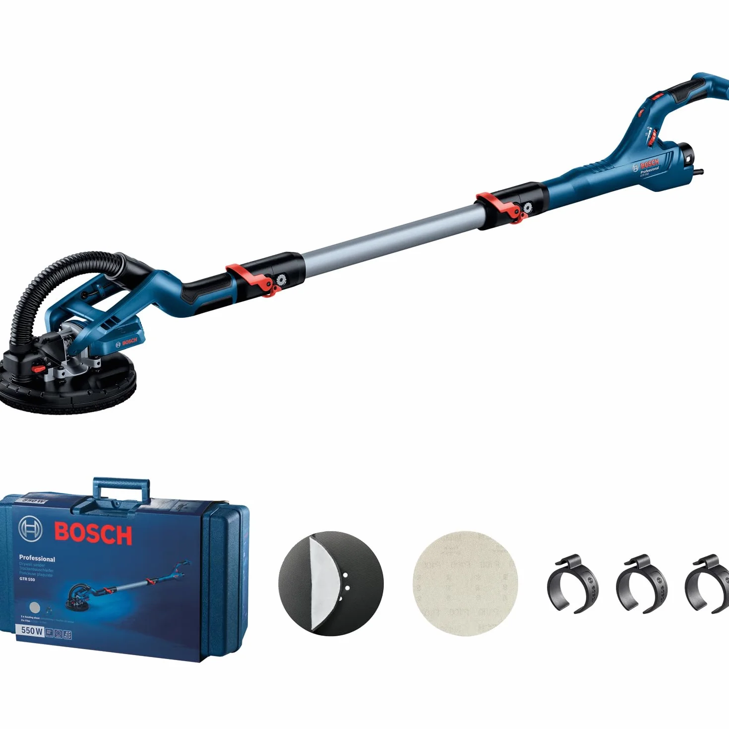 Bosch Professional Levigatrice per Cartongesso Gtr 55-225 (550 Watt, Ø Platorello Abrasivo 215 Mm, Incl. 1 Foglio Abrasivo M480, 1 Set di Platorelli Abrasivi Morbidi, 3 Fermacavi, in Valigetta)