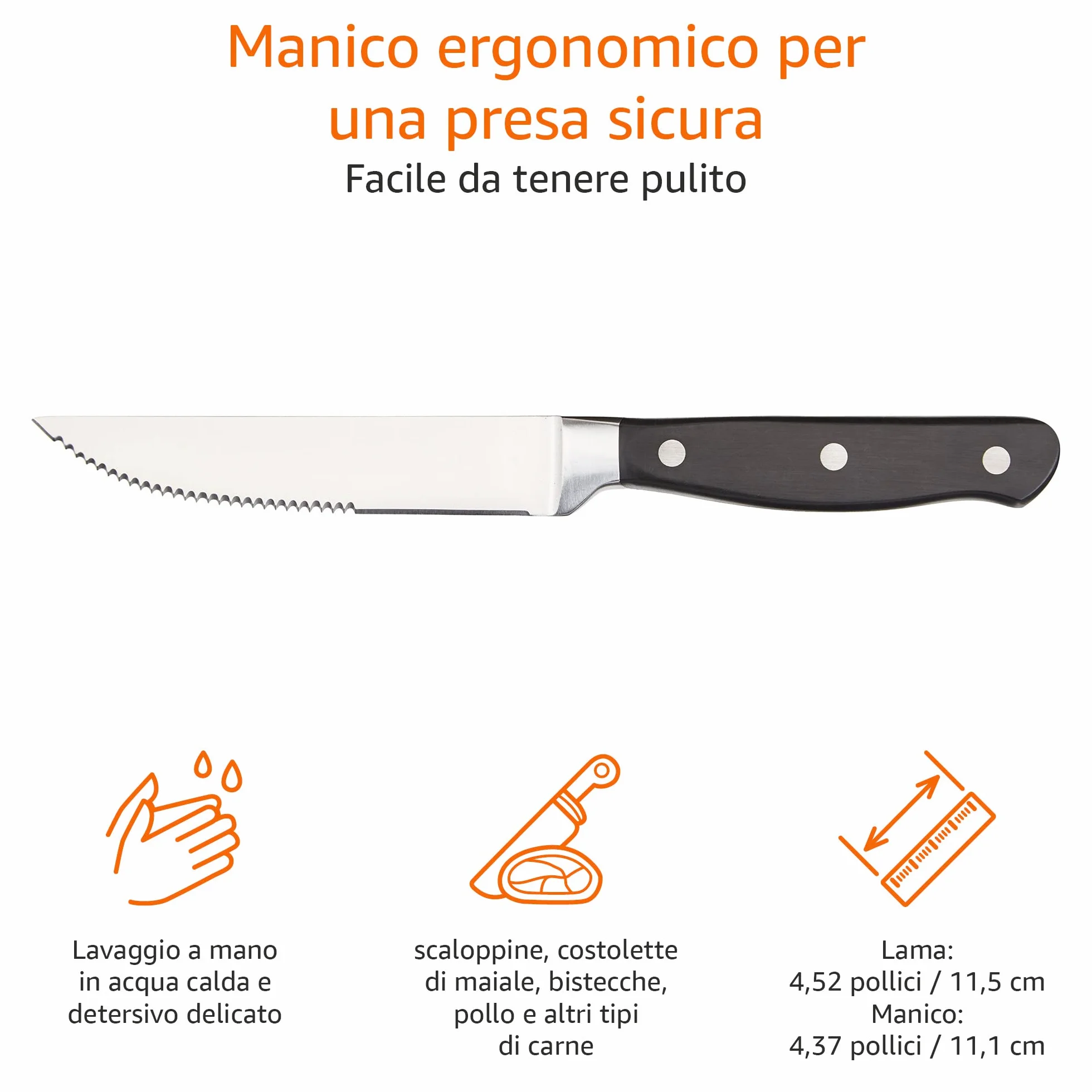 Amazon Basics Set di coltelli da carne 8 pezzi Nero acciaio inossidabile
