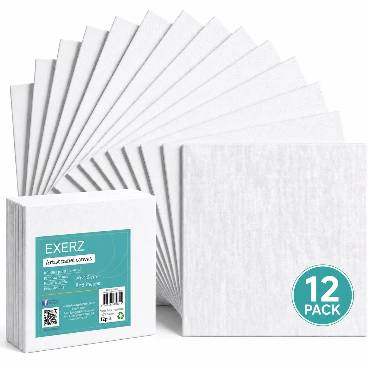 Exerz 20x20cm Pannelli in Tela 12pz - 3mm/ 280gsm/ 100% Cotone Cartoni Telati d’Artista Bianca per Pittura/Vuote/Tre Strati di Gesso/Prive di acidi/Grana Media - Olio o Acrilico