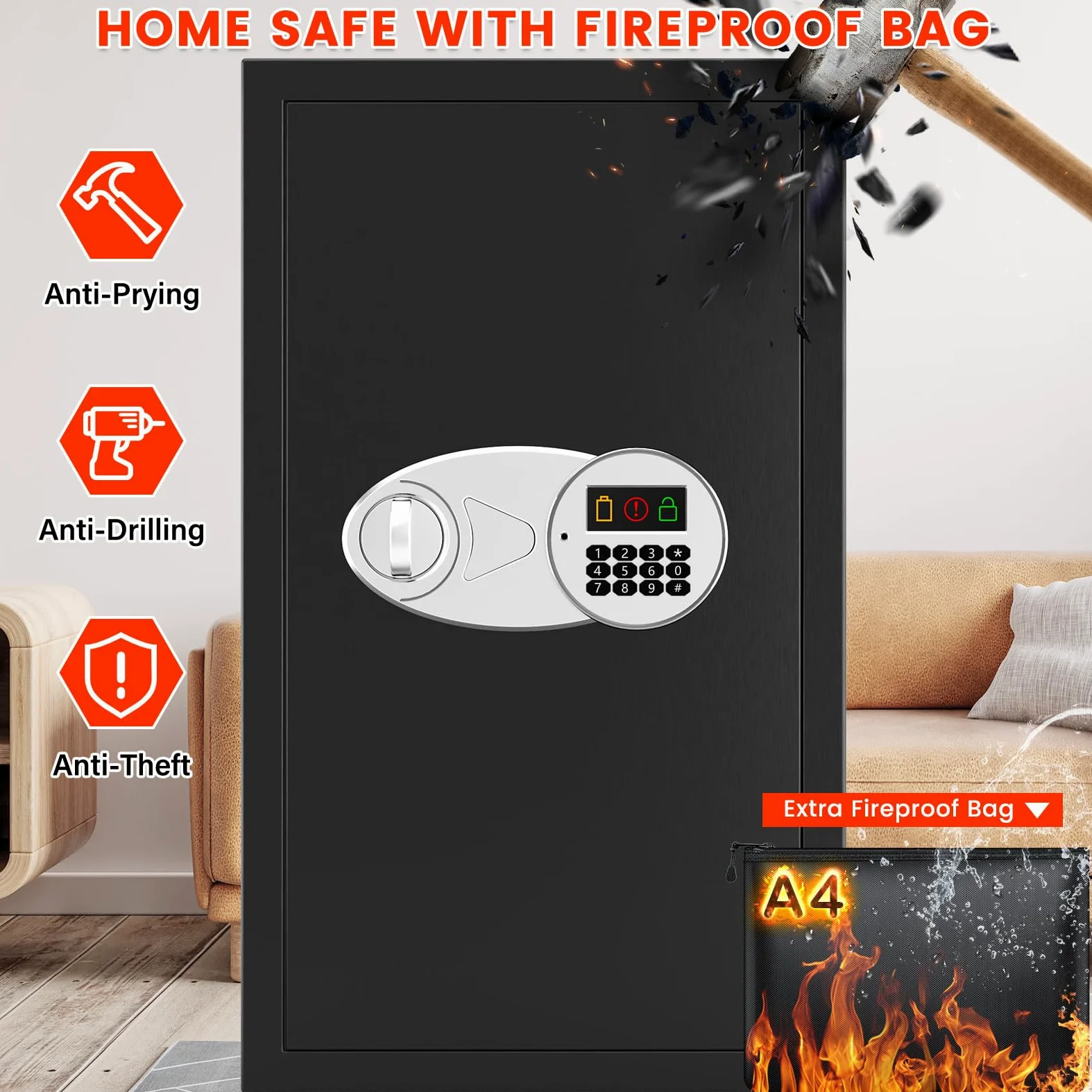 Cassaforte ignifuga da 85 l, con tasca per documenti ignifuga, cassaforte digitale per mobili con 2 chiavi e 3 ripiani rimovibili, cassaforte elettronica per la casa, contanti, gioielli
