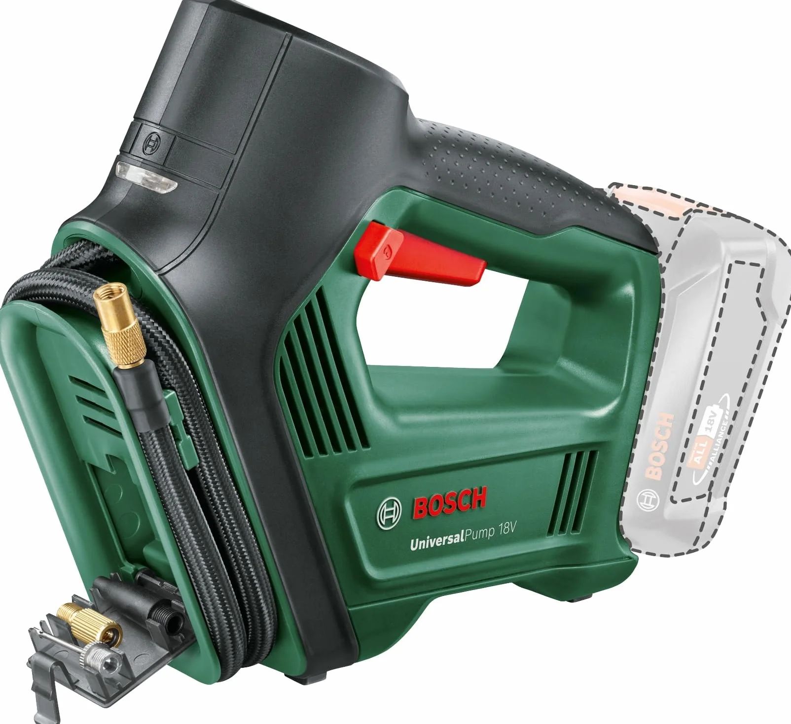 Bosch Home and Garden 0603947100 Bosch Compressore d'Aria Elettrico con Pompa Pneumatica UniversalPump (Senza Batteria, Per Pneumatici, Confezione cartone), 18 V, 150 PSI, 10.3 bar, 246 x 181 mm