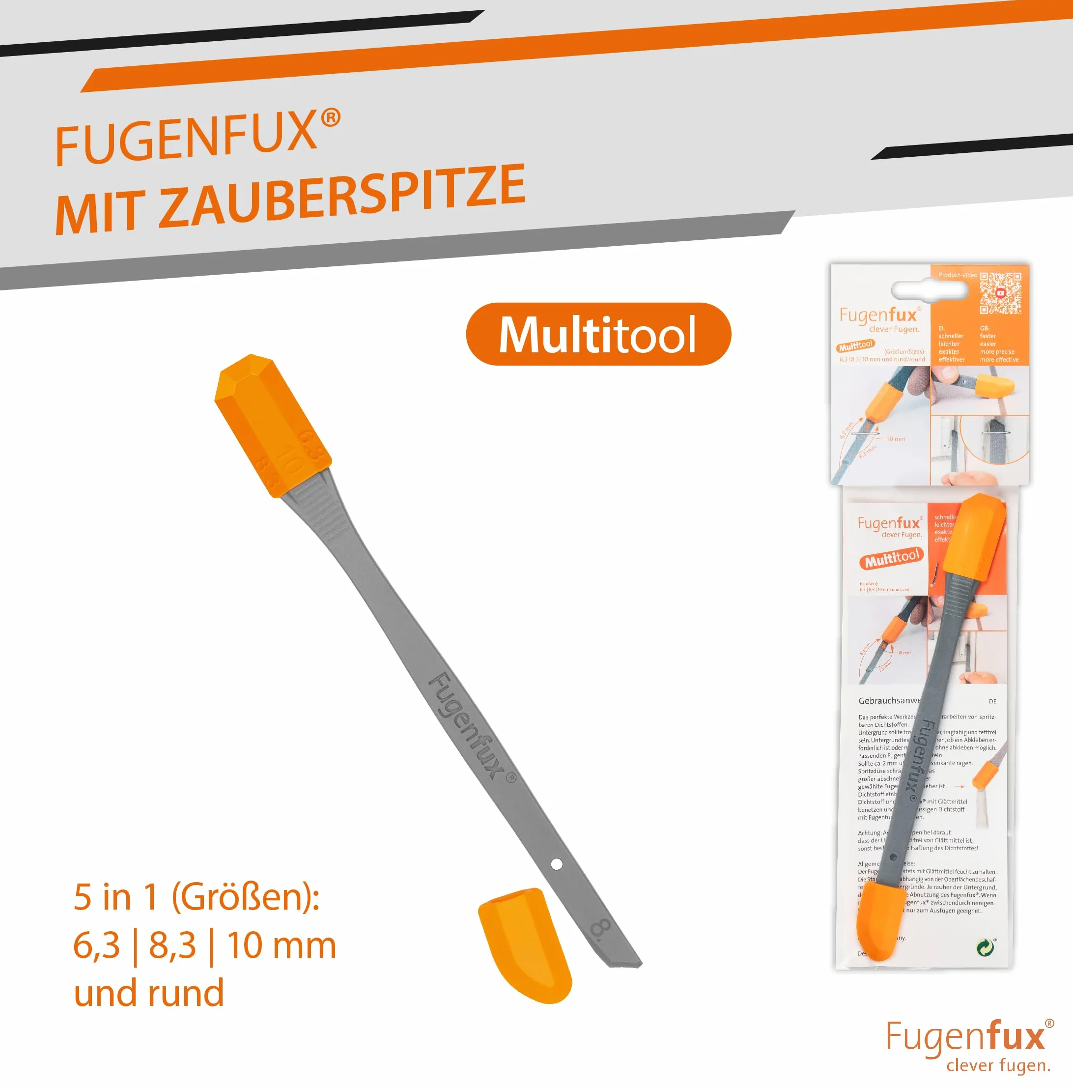 FUGENFUX® Modello 2025 MULTITOOL - Estrattore fughe 2 in 1 con rivoluzionaria punta magica e 5 stampi per fughe - Piastra versatile, Estrattore silicone, Made in Germany, ideale per silicone, acrilico