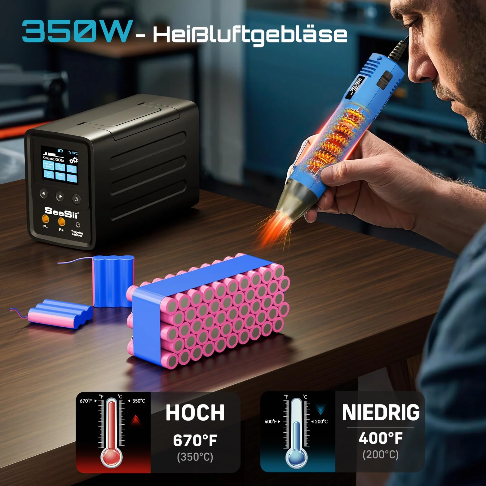 SEESII Saldatrice a punti per batterie con condensatori: saldatrice a batteria 10080W con kit di pistole ad aria calda, saldatrice a punti per strisce nichelate da 0,1-0,5 mm, cambio 999 per batterie