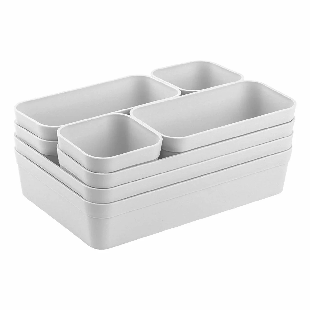 Set di organizer per cassetti, con sistema di separazione, regolabile, per soggiorno, bagno, in plastica, grigio chiaro