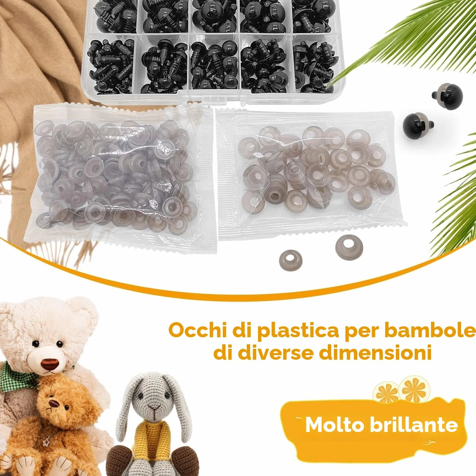 Occhi di Sicurezza 142 Pezzi - Occhi a Bottone in Plastica per Bambole, Peluche e Orsacchiotti, Fai da Te, 6-12 mm