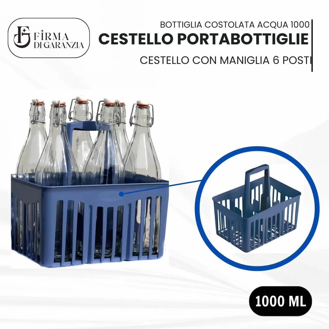 Bottiglie Vetro 1 L con Portabottiglie Plastica Blu Cobalto - Set 6 Pezzi per Acqua Vino Limoncello