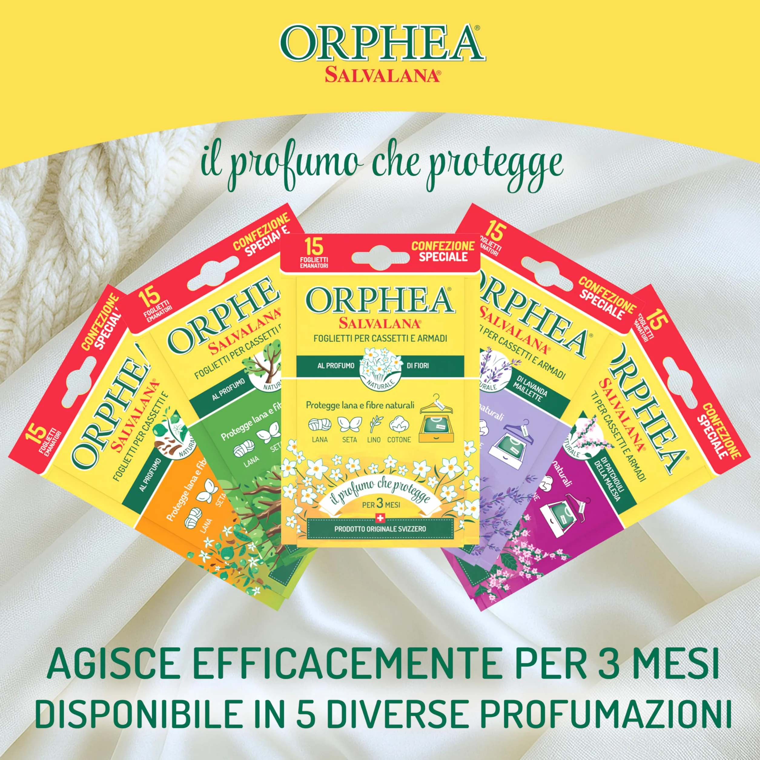 Foglietti per Cassetti e Armadi Orphea Salvalana, Profumo Legno di Cedro, 12 Settimane, 15 Foglietti