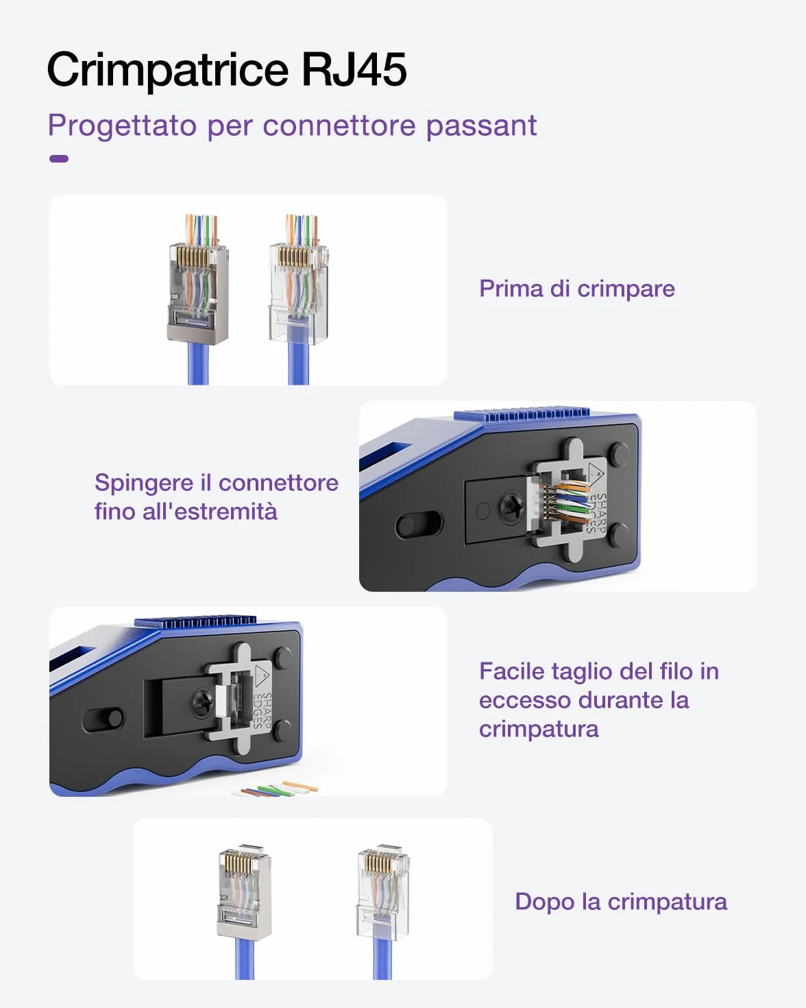 VCE Pinza Crimpatrice RJ45 Passante, Multifunzione 3-in-1 (Taglio, Spelatura, Crimpatura), Compatta, per Connettori Ethernet 8P, Blu