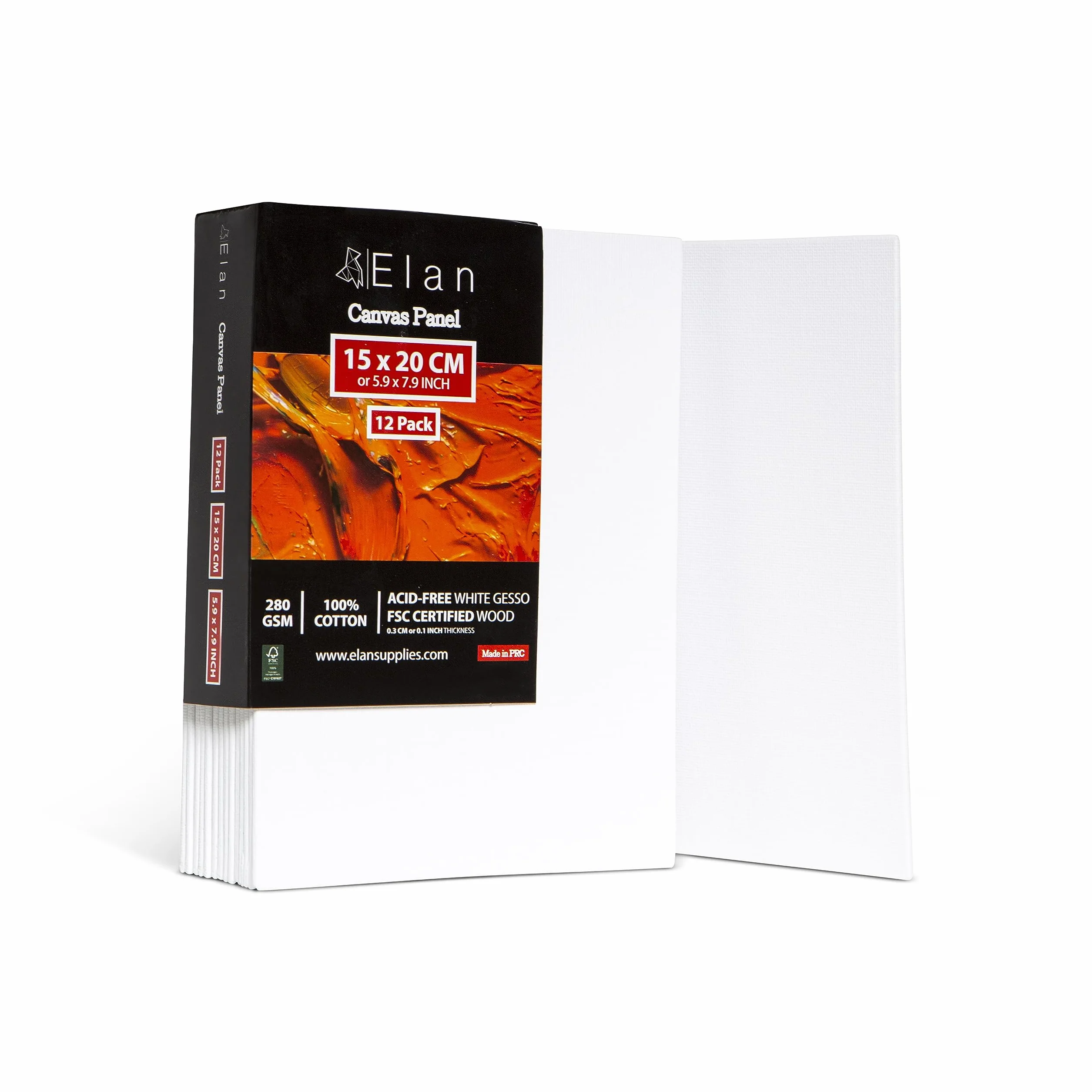 Elan Tela per Dipingere 15x20, Set di 12 Pannelli in Tela in Cotone 100%, Cartone Telato, Tele Pittura per Acrilica e Olio, Tele per Dipingere Piccole