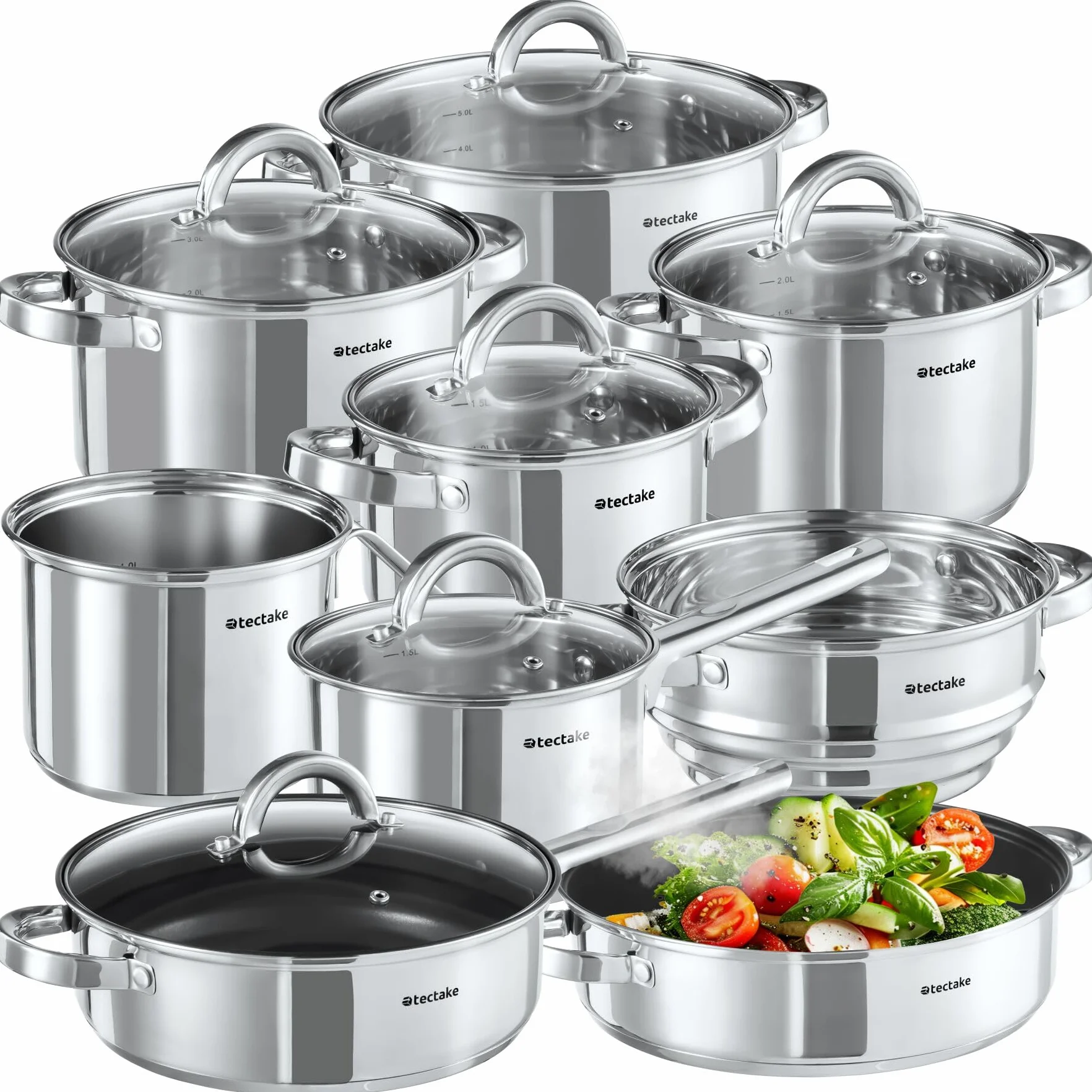 tectake® Set di Pentole, 15 Pezzi, Batteria di Pentole e Padelle in Acciaio Inossidabile, Adatto a Induzione, Gas, Elettrico, Padelle Antiaderenti, Lavabili in Lavastoviglie, Coperchi Abbinati