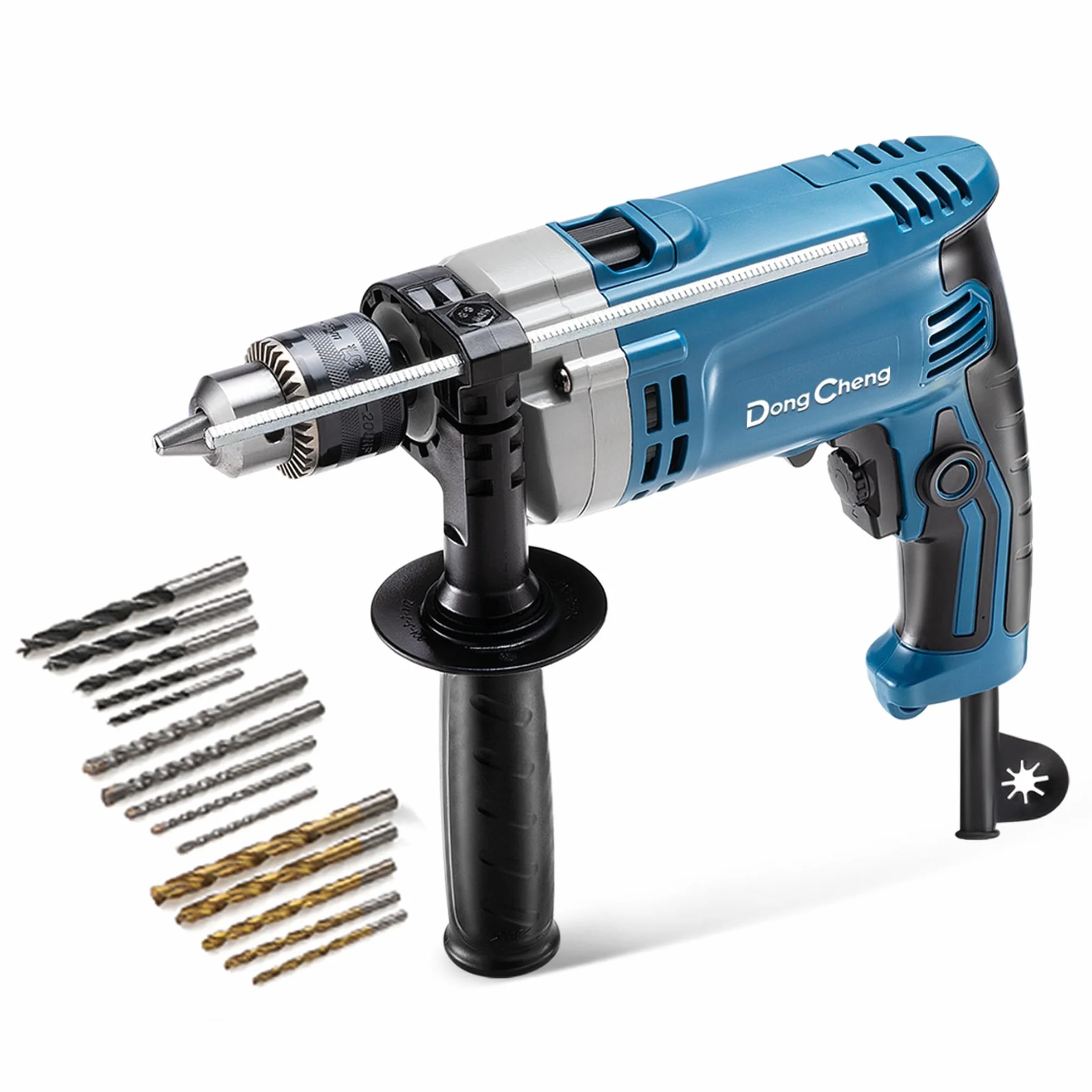 DongCheng Trapano a percussione 710W, trapano 2-in-1, mandrino da 13mm, 45.000 IPM, 3000 RPM, manico girevole a 360°, con 15 punte per metallo, legno e mattoni