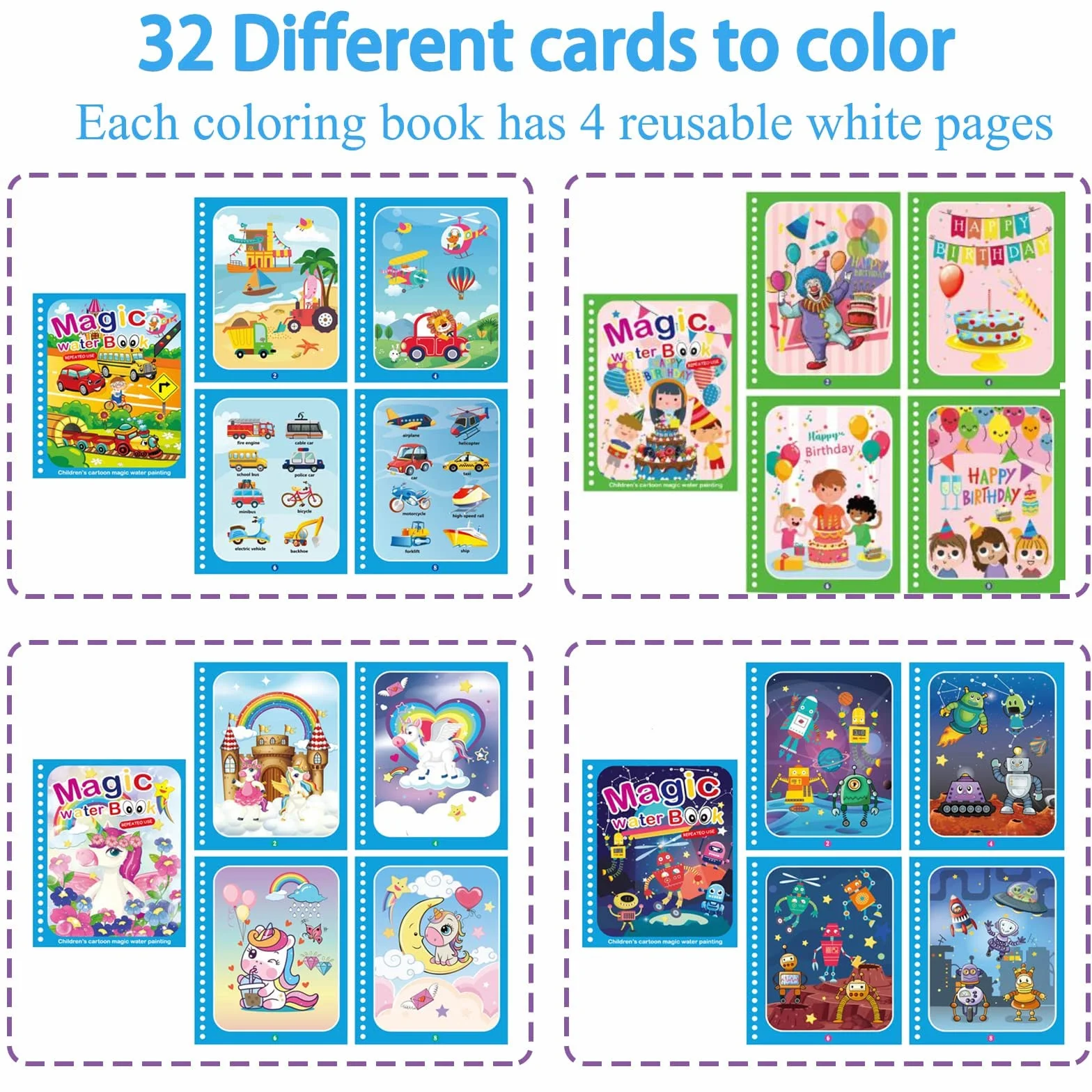 Magic Water Coloring Book 8 Pezzi Libri ad Acqua Bambini Drawing Libro da Colorare Doodle con Penna Magica Riutilizzabile Educativo