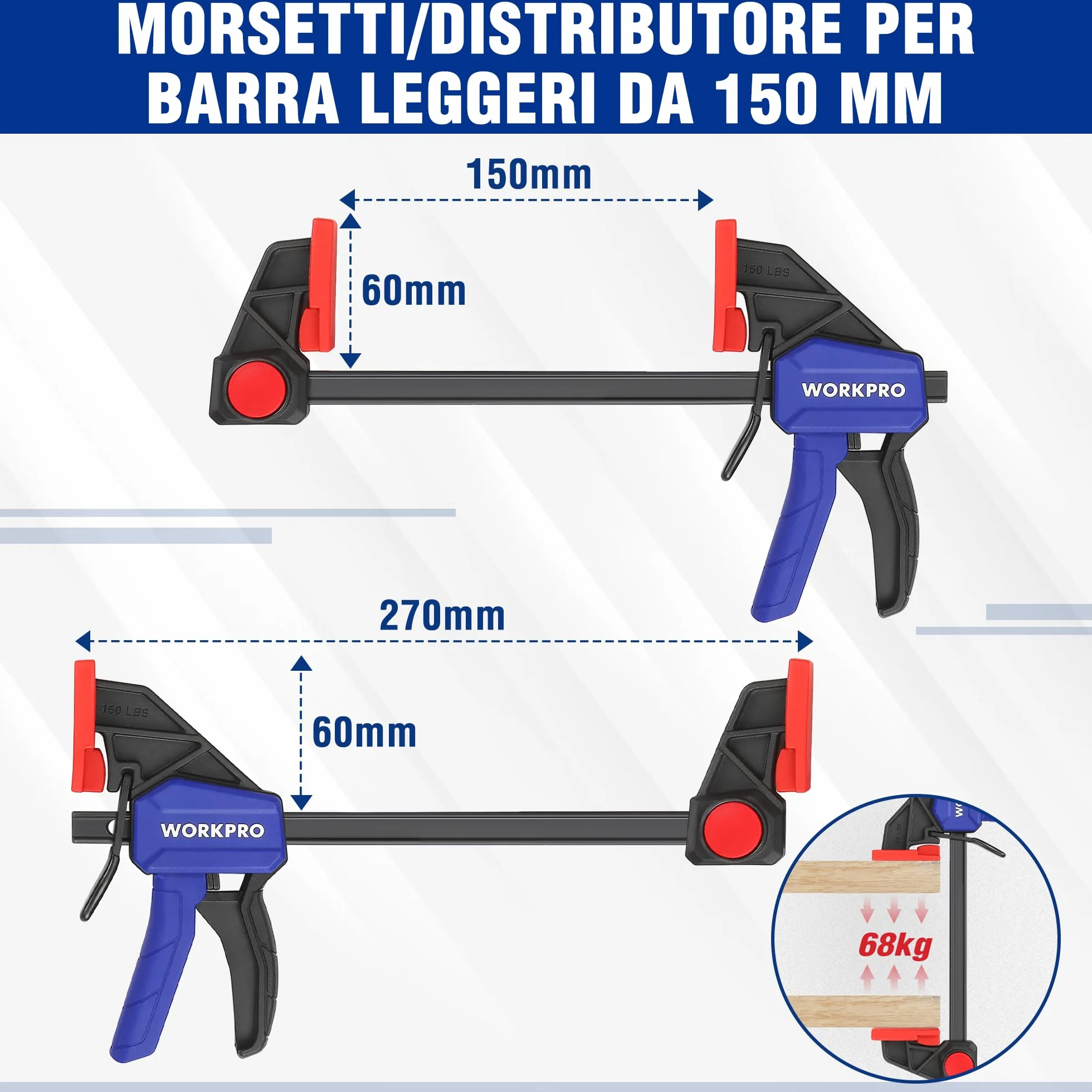 WORKPRO Set di Morsetti da Falegname a 4 Pezzi, Morsa Regolabile con Apertura 120/150 mm, Estensibilità 200/285 mm, Forza di Serraggio 23/68 kg, Realizzati in Acciaio e Nylon per una Fissaggio Preciso