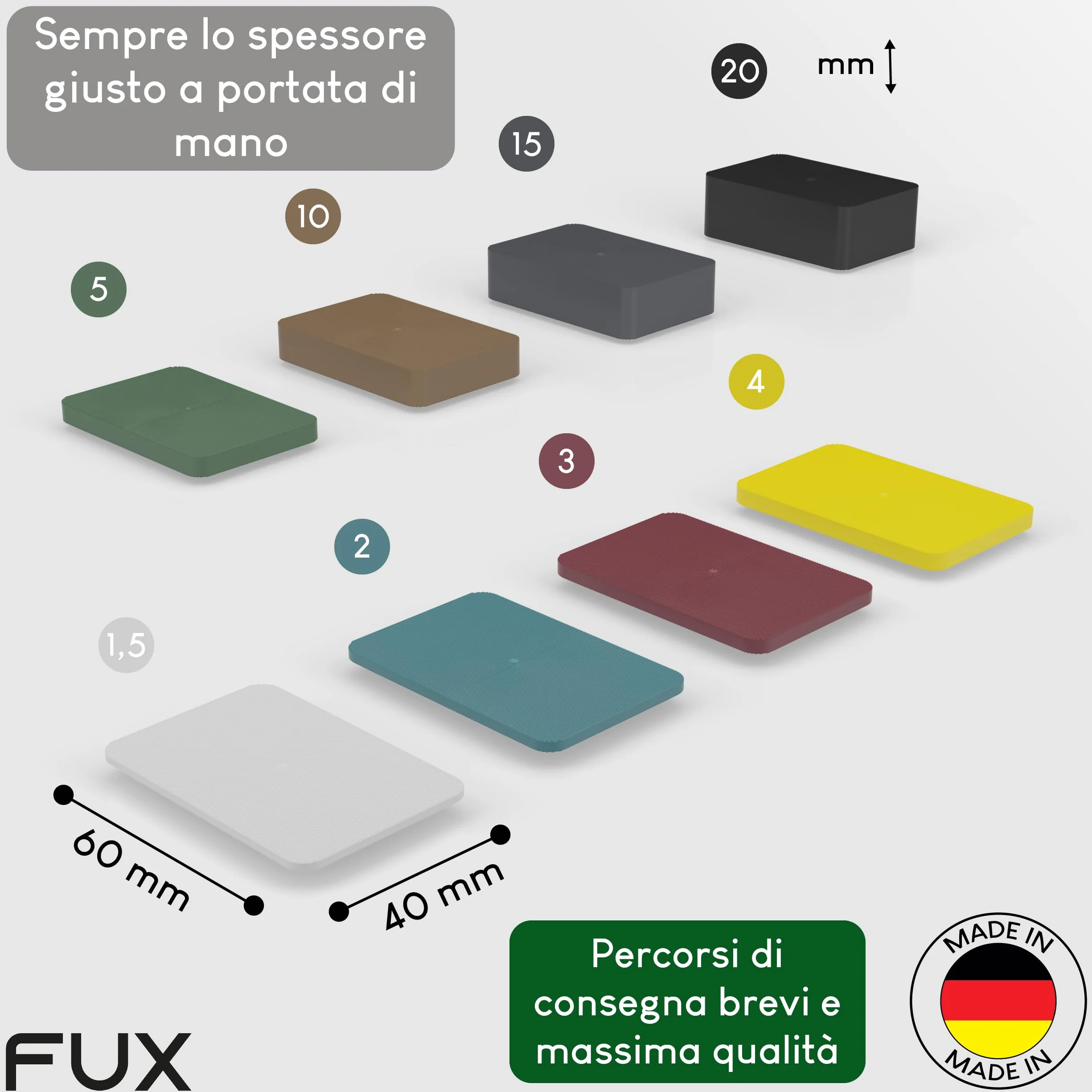 FUX, 80 pezzi, set di distanziatori in plastica, 60 x 40 x 1,5-20 mm, assortimento di tasselli di rivestimento, piastrine di supporto, piastrine di compensazione, piastrine di plastica, cunei per