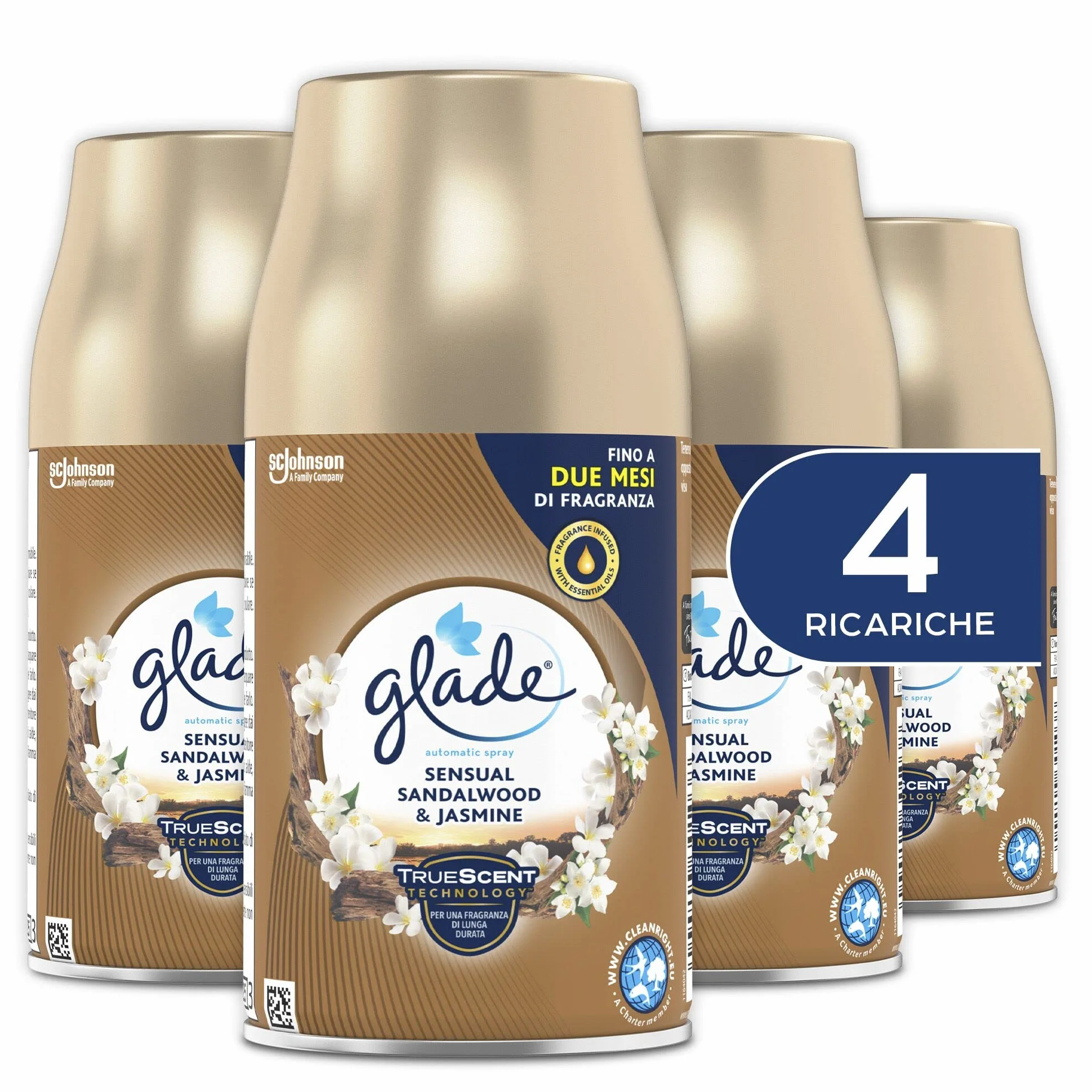 Glade Automatic Spray Ricarica, Profumatore per Ambienti, Fragranza Sensual Sandalwood & Jasmine, Formato Scorta da 4 Ricariche da 269 ml
