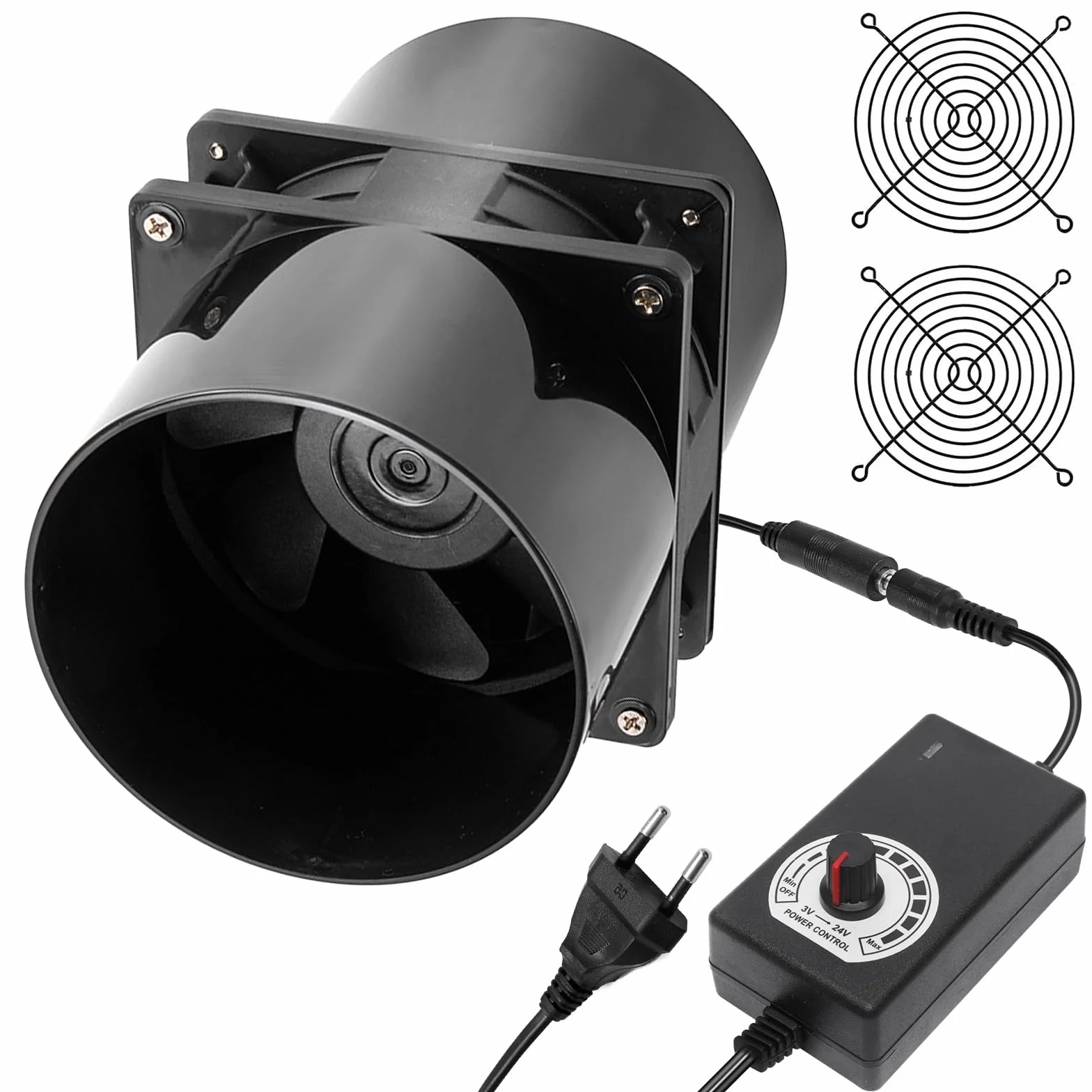 GOMETY Ventilatore tubolare da 100 mm, DC12 V, ventola assiale, 100 mm, con regolatore di velocità, ventola per tubi da 100 mm, rete silenziosa, adattatore per canale per serra, tenda da giardino