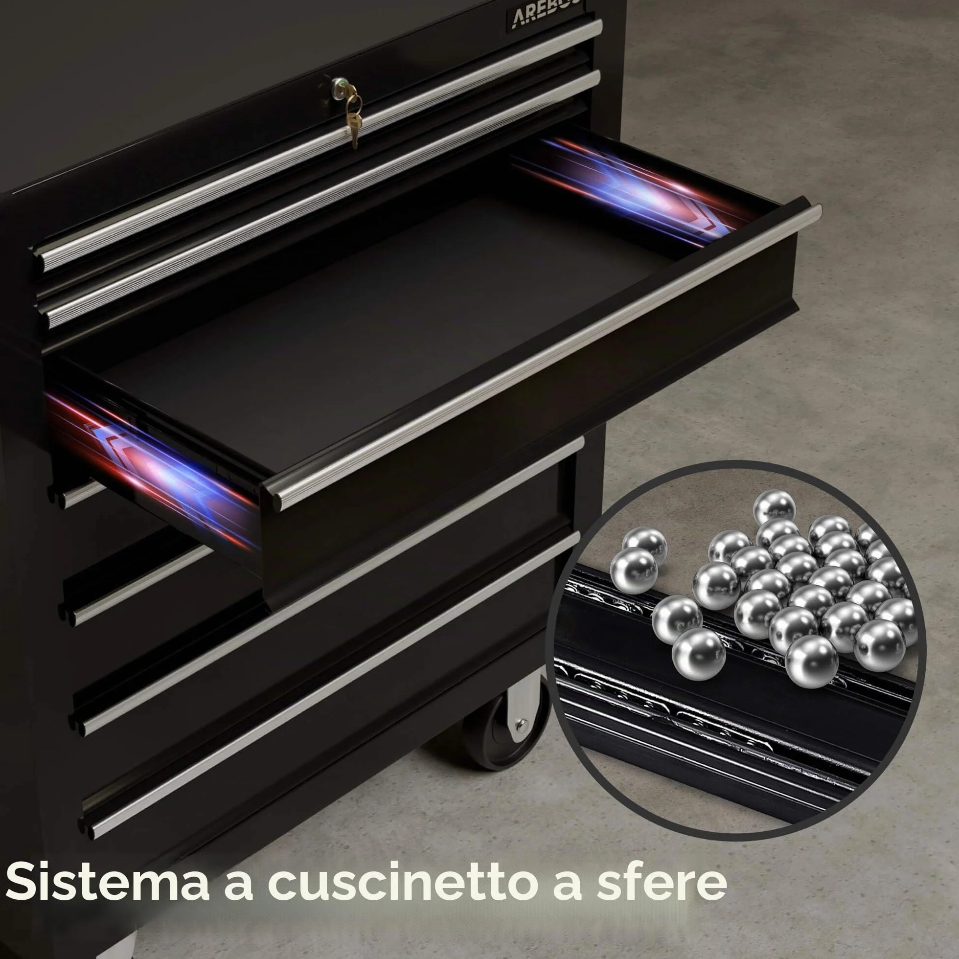AREBOS carrello da officina con 7 scomparti | centrale chiudibile a chiave | rivestimento antiscivolo | ruote con Freno di stazionamento | massiccia metallo | Nero