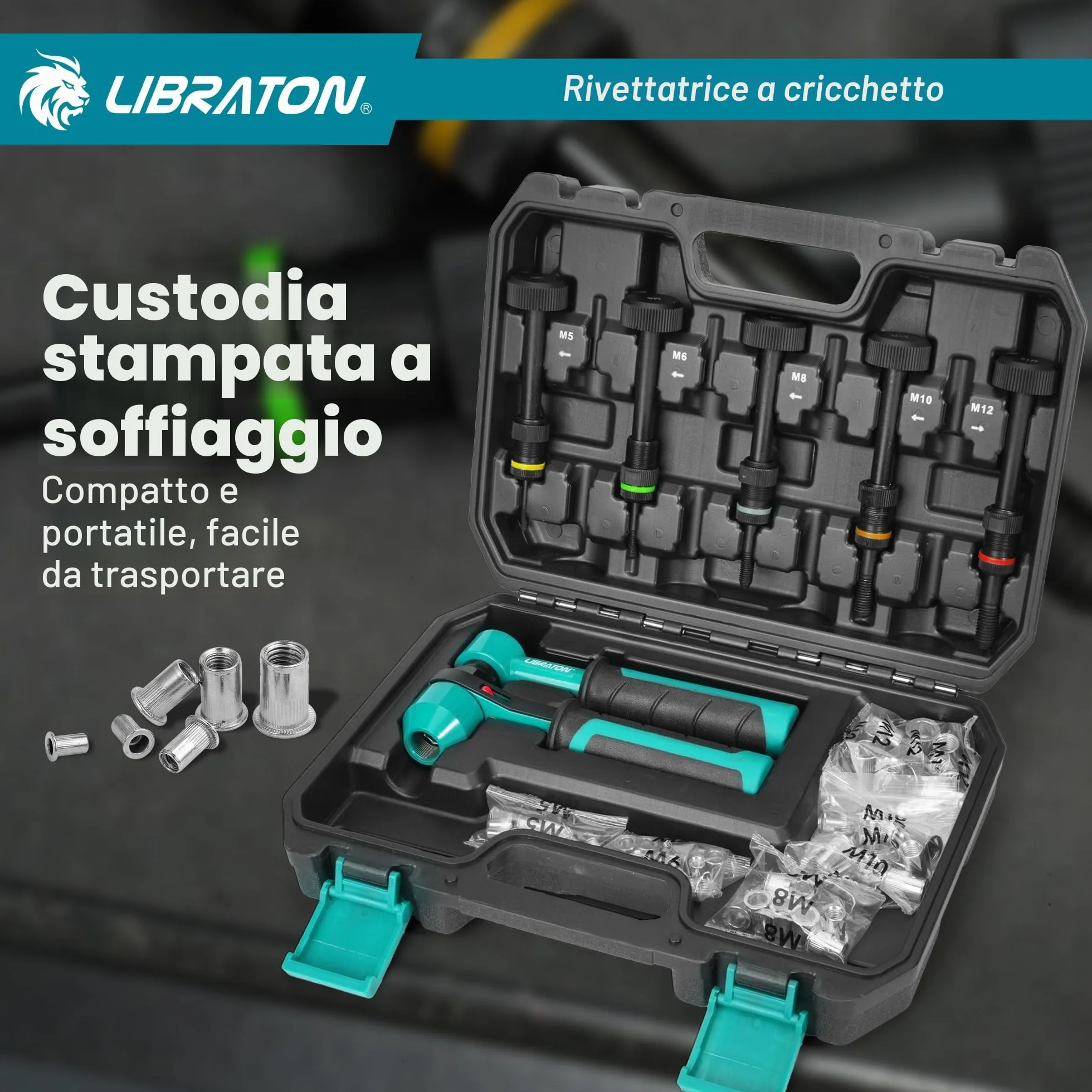 LIBRATON Rivettatrice per Inserti Filettati Manuale a Cricchetto con 5 Mandrini, 5 Ugelli, 50 Rivetti Dadi