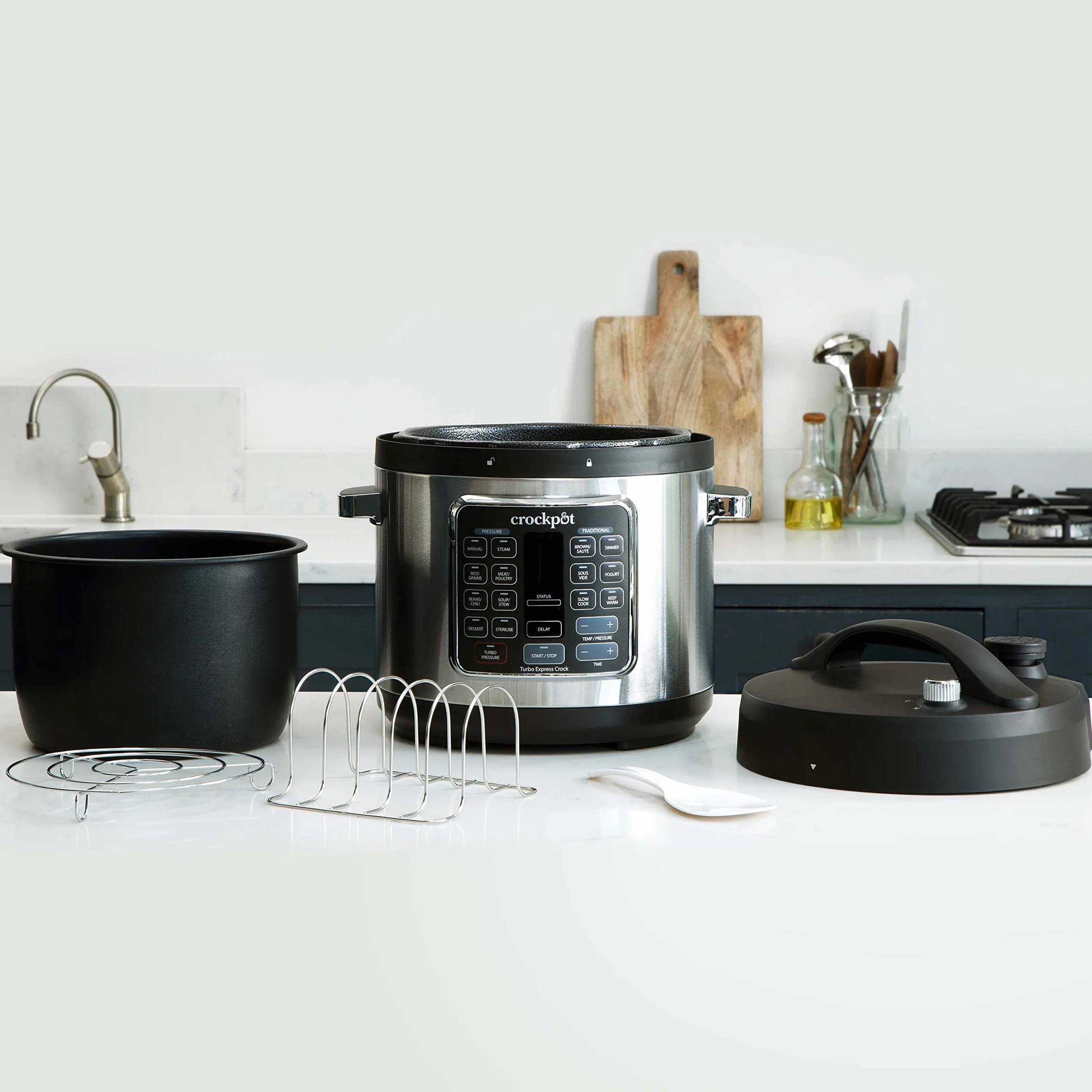 Crock-pot TURBO Express MultiCooker 5.6l, 6 Persone,Programmabile,14 funzioni pre-impostate,Cottura a Pressione, Vapore,Slow Cooker,Rosolatura,Sous Vide,Bollitura,Sterilizzazione,Yogurt,1400W,Argento