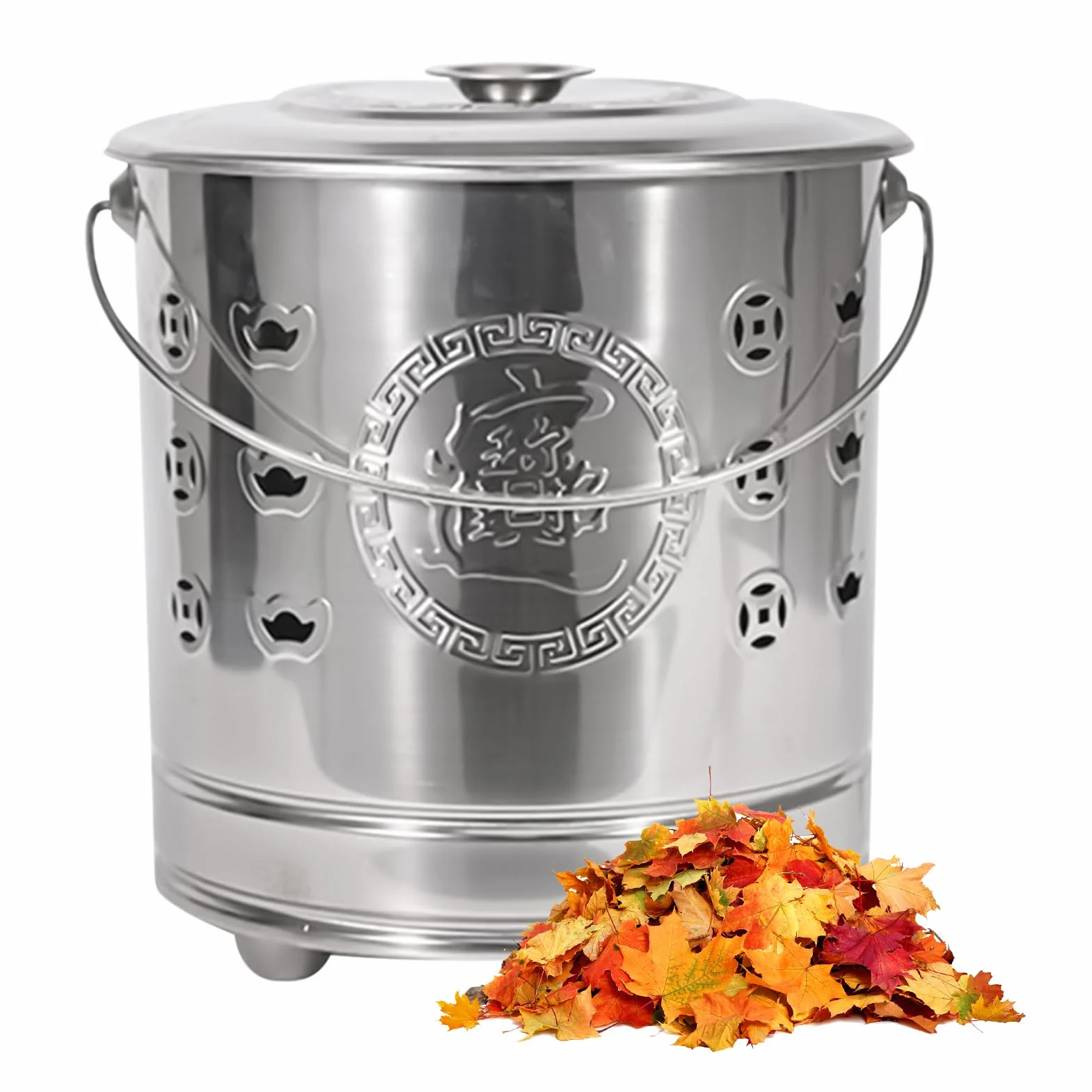 Bidone di carta – Gabbia portatile in acciaio inox con coperchio, gancio antincendio e rivestimento di sicurezza, focolare per cortile, giardino, terrazza, campeggio e
