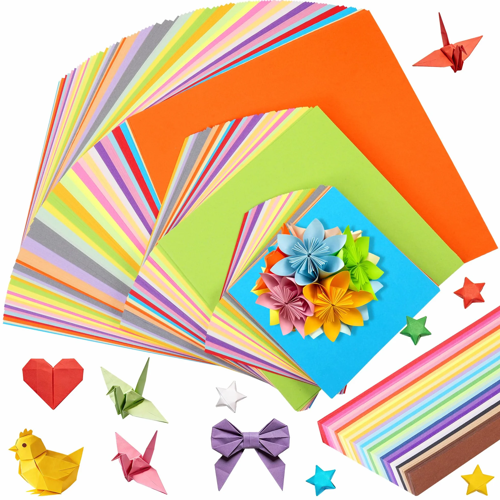 840 Fogli di Carta Origami, 20 Colori, Cartoncini Colorati Bifacciale (Quadrato da 10 cm/15 cm/20 cm + Striscia), Carta Artigianale Pieghevole per Origami Fai Da Te e Progetti Artistici Scuol