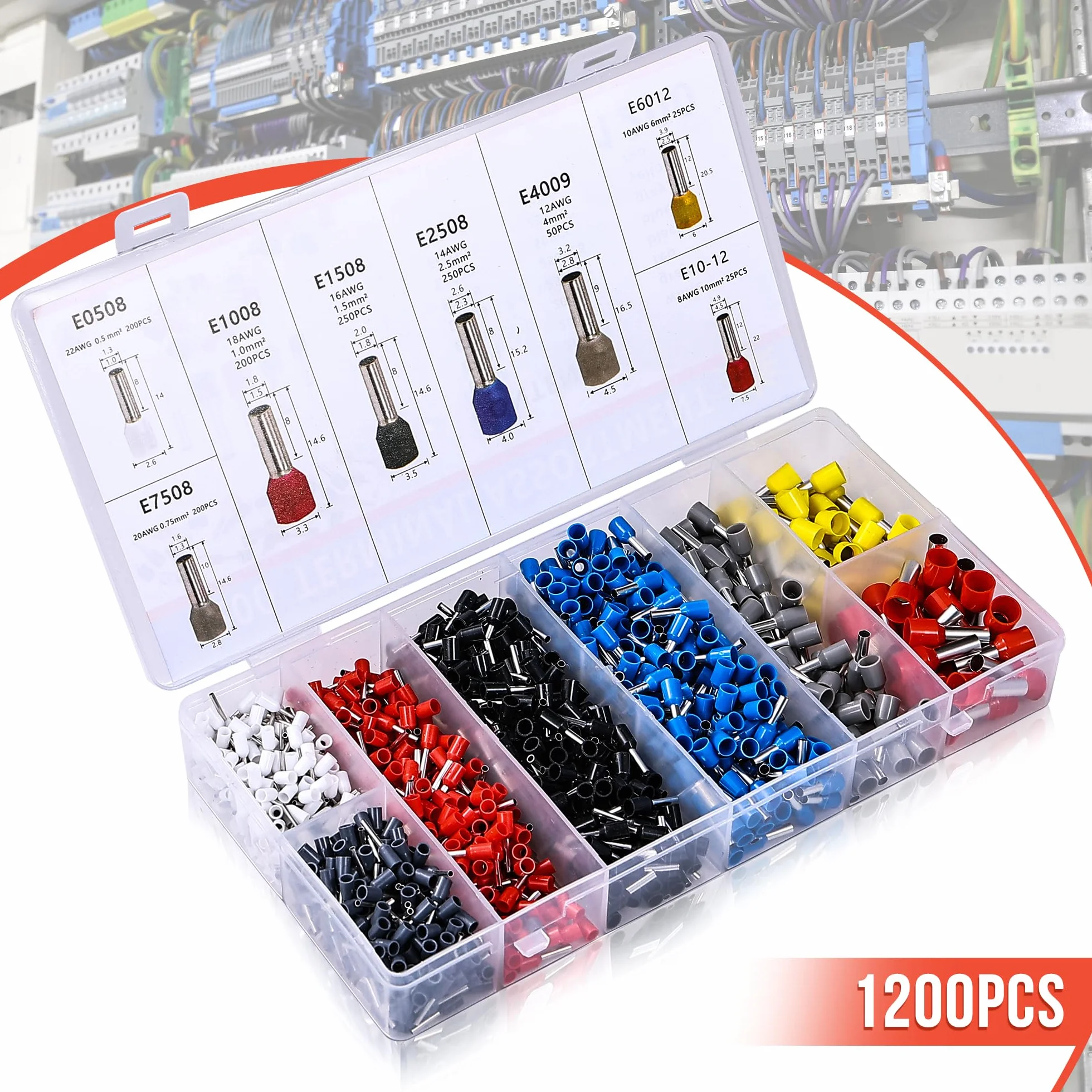 Pinza crimpatrice capicorda regolabile automaticamente, include 1200 capicorda elettrici a crimpare per cavi 0.25-10mm². Set completo con crimpatrice puntalini e accessori.