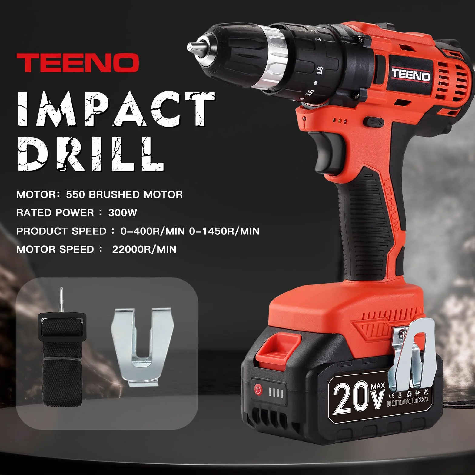 Kit utensili TEENO da 3 pezzi (avvitatore a impatto a batteria senza spazzole + trapano a percussione + smerigliatrice angolare senza spazzole), Batterie da 20 V e 3 Ah*2