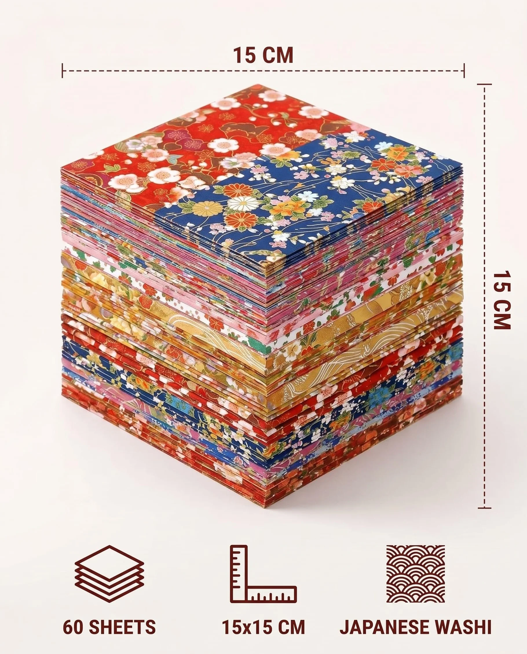 Fogli Carta Origami 60 Fogli 15x15cm carta per origami,fogli origami,con Motivi Floreali Tradizionali Giapponesi per Hobby Creativo, Scrapbooking, Decorazione e Idee Regalo