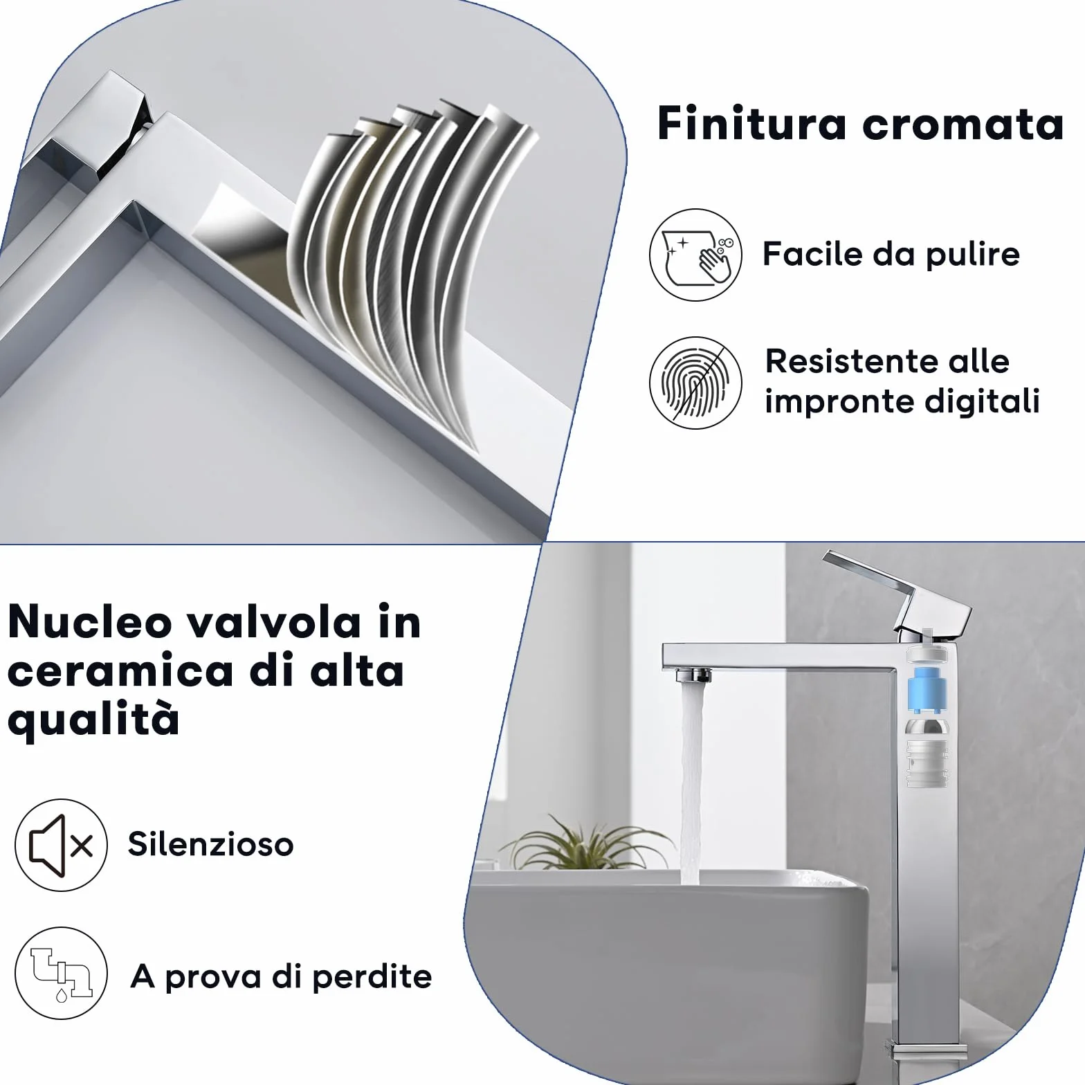 Rubinetto da Bagno Cromato, Miscelatore Lavabo Alto, Rubinetto Lavabo per Bagno, Miscelatore Acqua Calda e Fredda Regolabile, Acciaio Inossidabile (Argento)