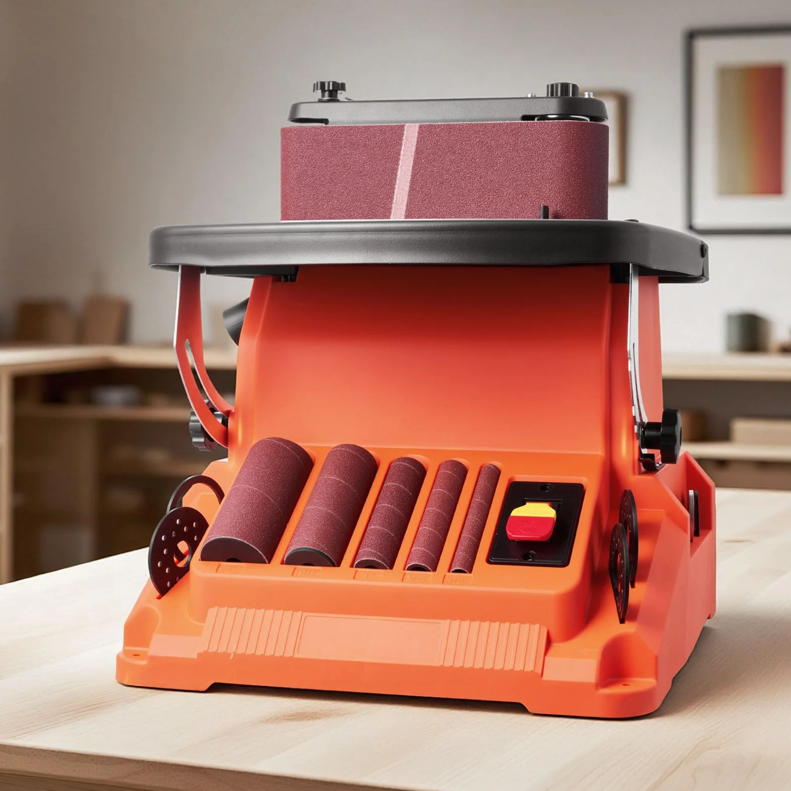 VEVOR Levigatrice a Nastro e Mandrino Oscillante, Smerigliatrice da Banco da 2000 giri/min con Corsa da 16 mm, 5 Manicotti 12,7-50,8 mm e Nastro Abrasivo da 610 x 98 mm per Lavorazione del Legno